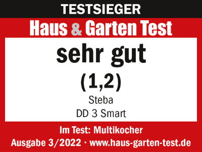 Testsiegel für den Steba DD 3 Smart Multikocher mit der Note „sehr gut“ (1,2) aus der Ausgabe 3/2022 von Haus & Garten Test.