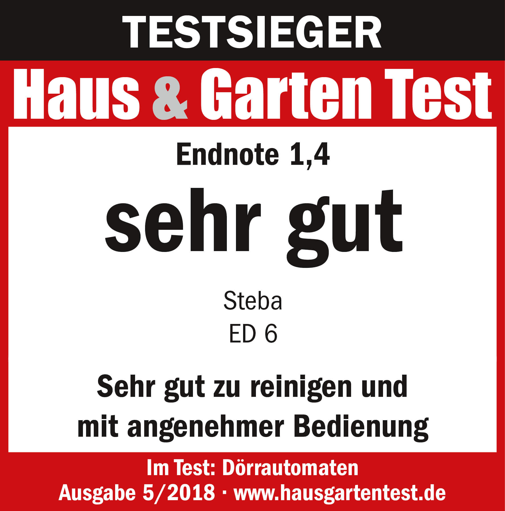 Testlogo für Steba ED 6, ausgezeichnet mit der Note 1,4. Hervorragende Reinigbarkeit und angenehme Bedienung.