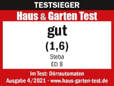 Testsieger-Label für den Steba ED 8 Dörautomaten, bewertet mit "gut" (1,6) im Haus & Garten Test 4/2021.