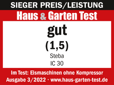 Testlogo für die Steba IC 30 Eismaschine, bewertet mit "gut" (1,5) im Haus & Garten Test, Ausgabe 3/2022.