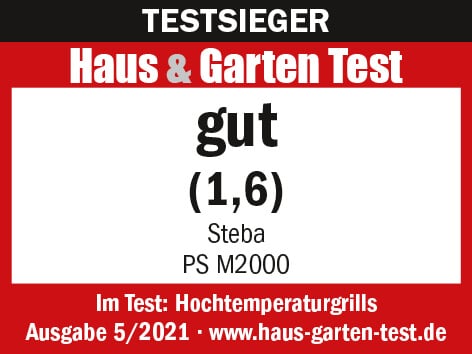 Testsiegel für den Steba Hochtemperaturgrill PS M2000 mit der Note 1,6, ausgezeichnet von Haus & Garten Test.