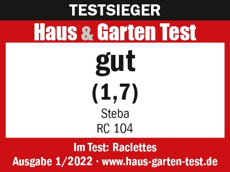Testlogo für den Steba RC 104 Raclette-Grill, Bewertung "gut" (1,7) von Haus & Garten Test, Ausgabe 1/2022.