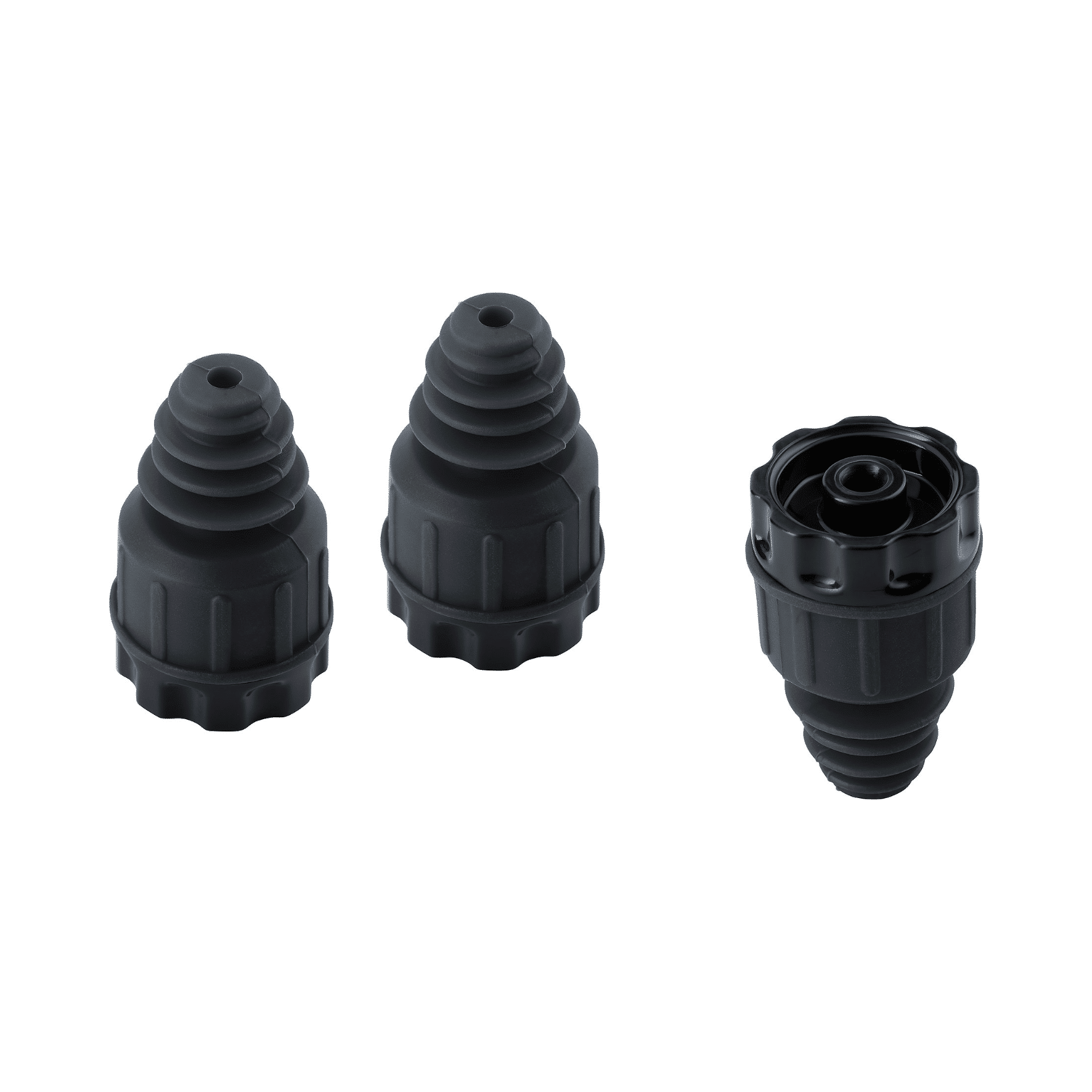 Drei schwarze Weinstopper im Set, aus flexiblem Material, mit rutschfestem Griff und verschiedenen Größen für optimale Abdichtung.