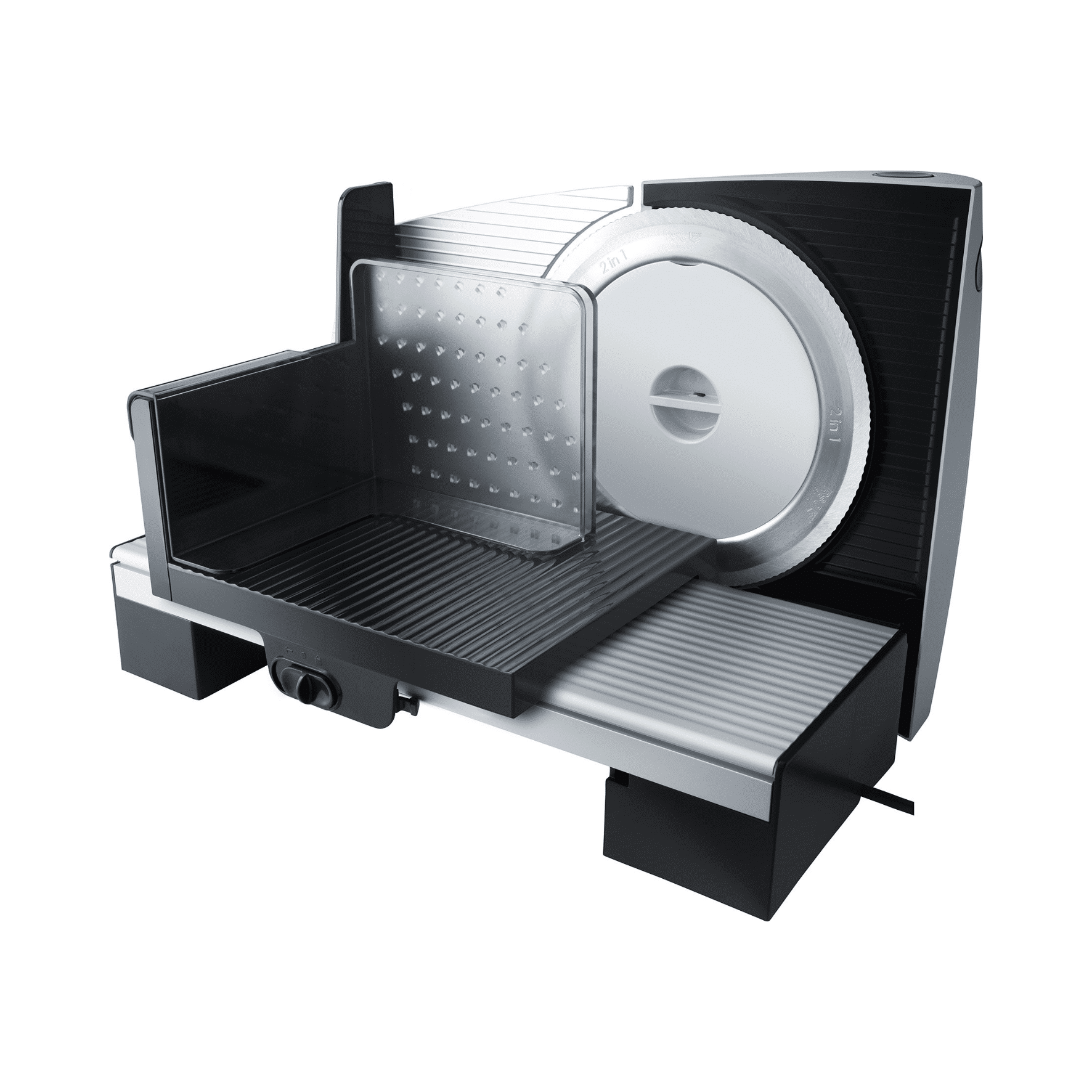 Allesschneider von Steba mit transparentem Auffangbehälter und verstellbarem Schneideblatt für präzise Schnittstärken.