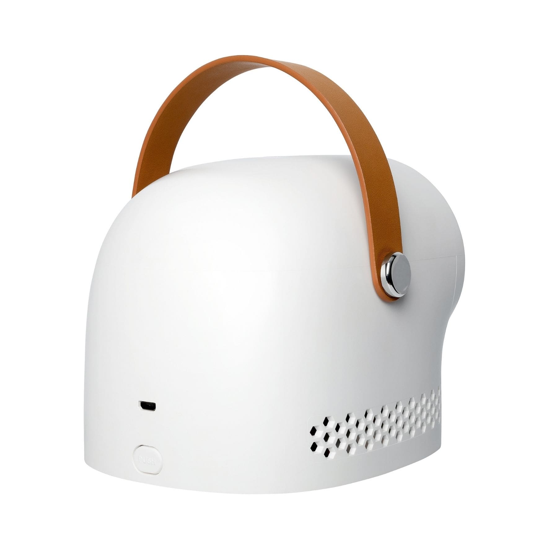 Kompakter Luftwäscher in Weiß mit braunem Tragegriff, USB-Anschluss und Luftauslässen für optimale Luftzirkulation.