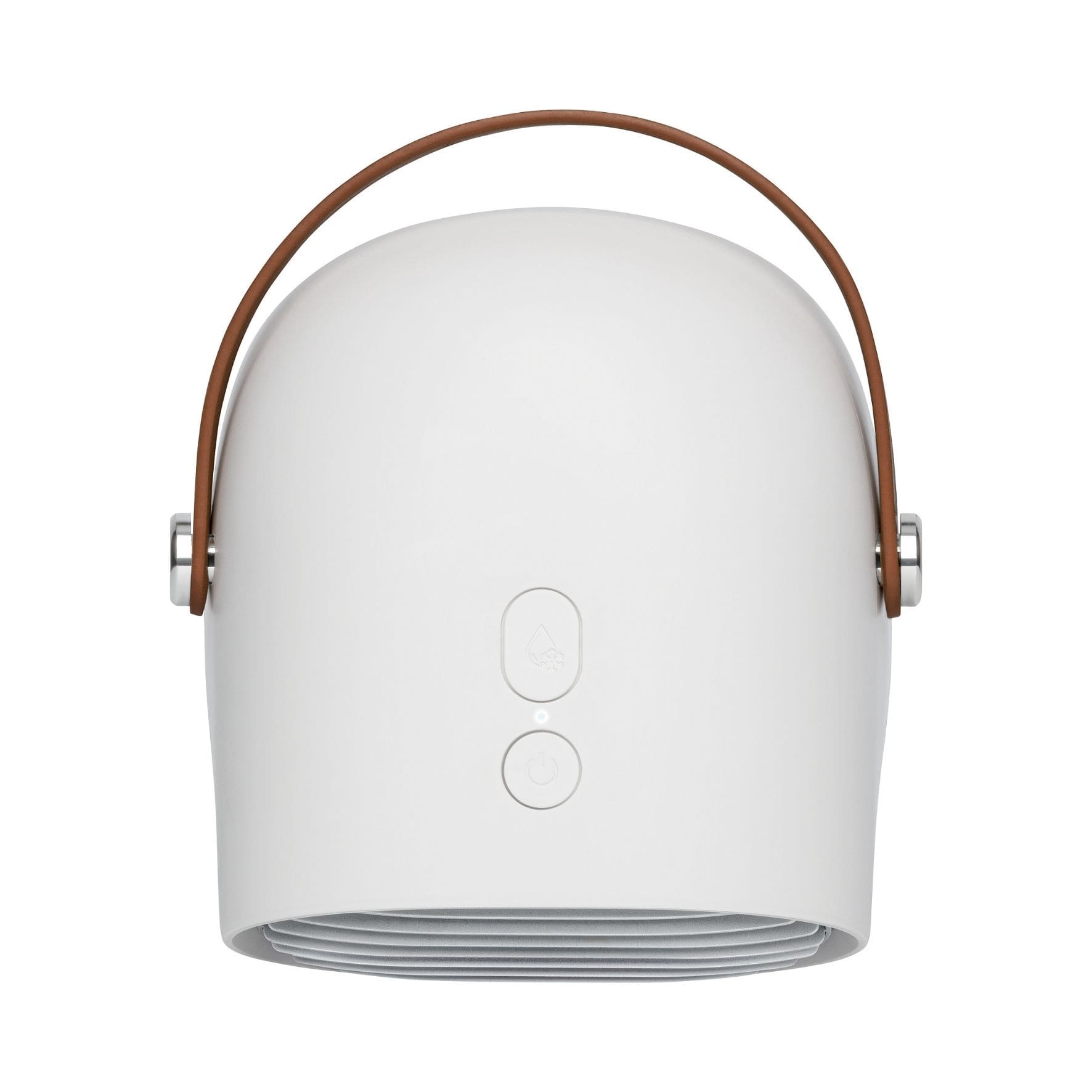 Kompakter Luftwäscher mit elegantem Design, Tragegriff aus Leder und Steuerknopf für einfache Bedienung.