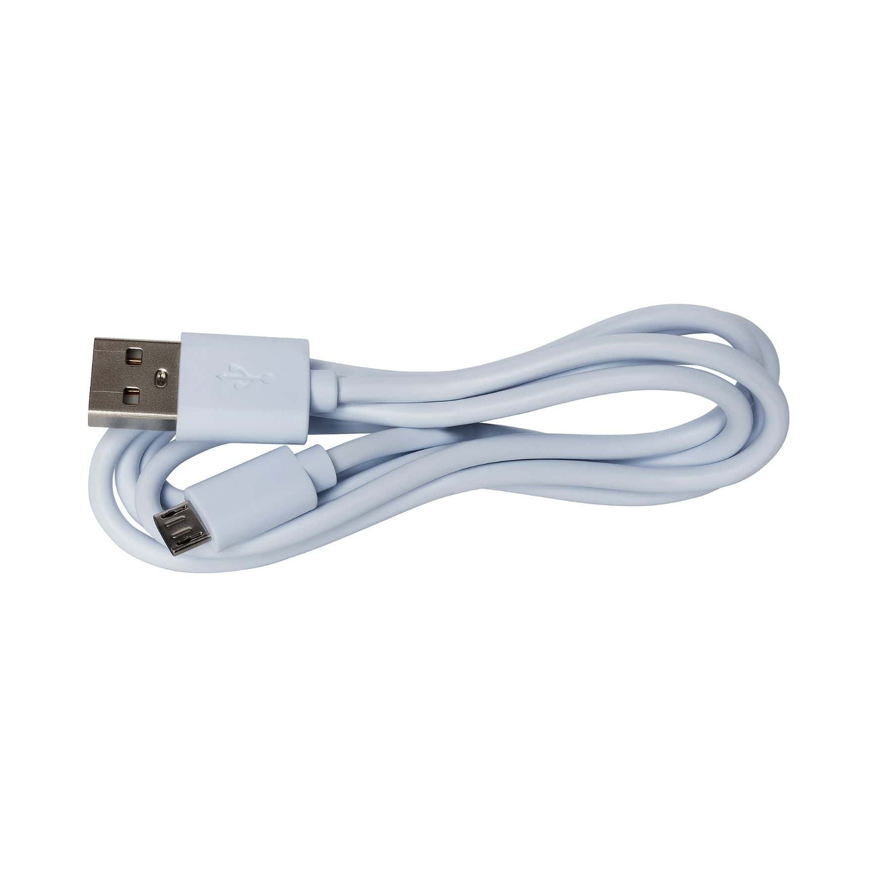 USB-Kabel in Hellblau mit einem Standard-USB-Anschluss und einem Micro-USB-Anschluss für verschiedene Geräte.
