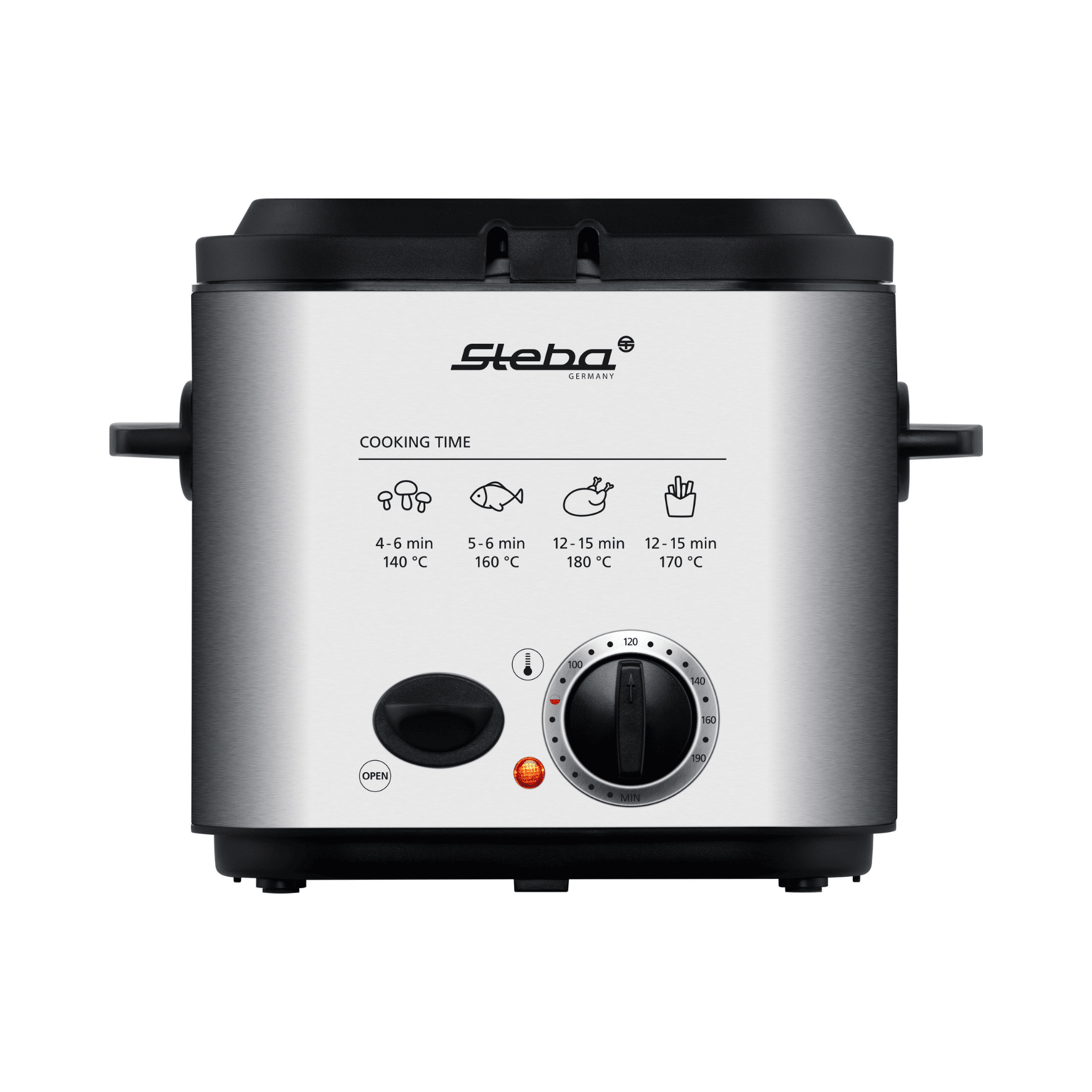 Steba Fritteuse mit Edelstahl-Oberfläche, Temperaturregler und Kochzeiten für verschiedene Lebensmittel.