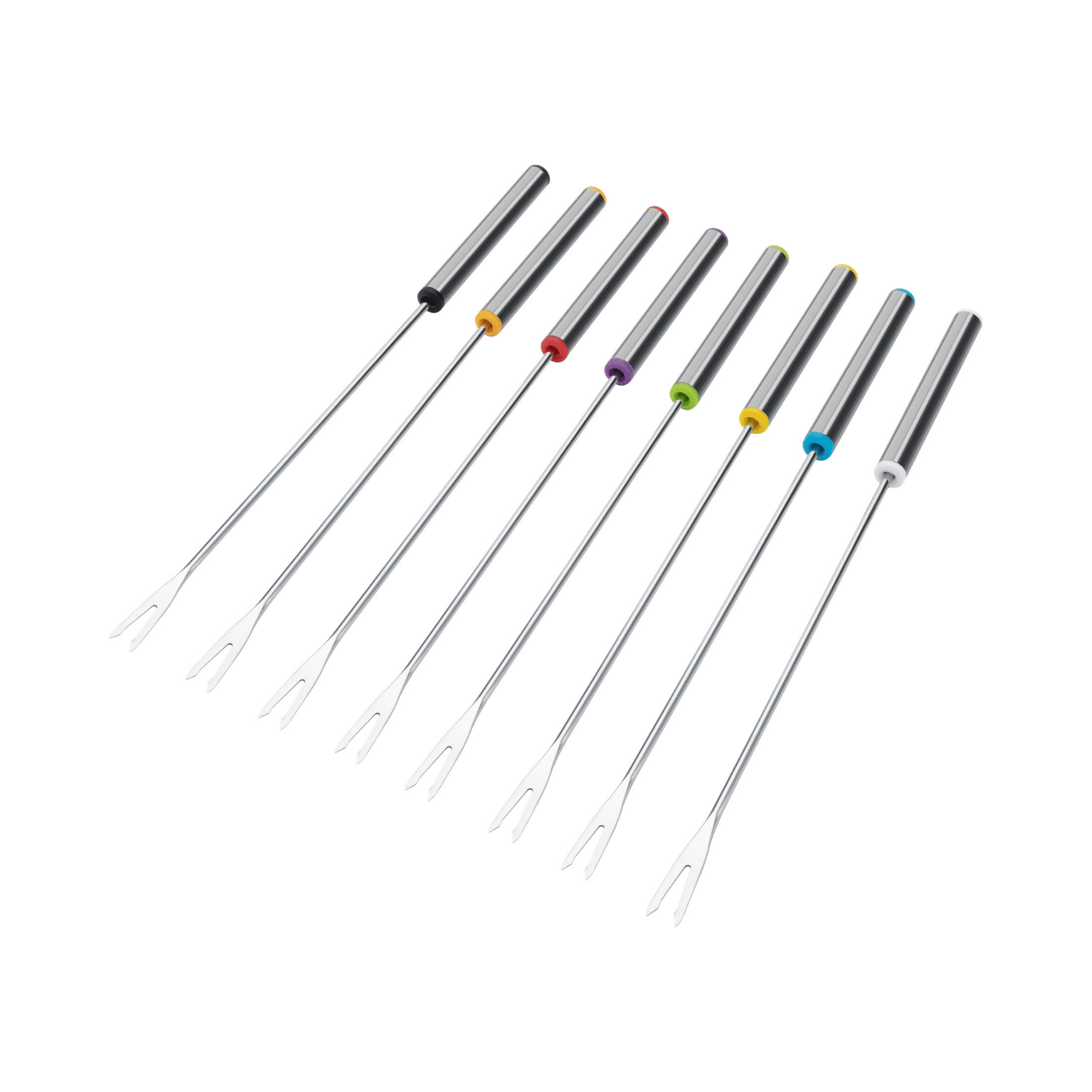 Set aus 10 Edelstahl-Forken mit bunten Griffen, ideal zum Grillen oder für Fondue. Robust und langlebig.
