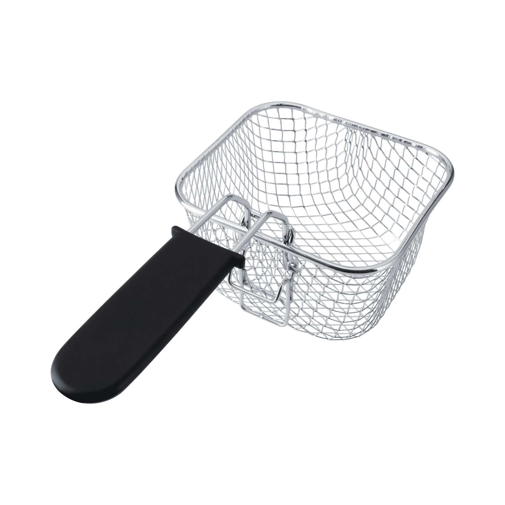 Frittierkorb aus Edelstahl mit schwarzem Griff, ideal zum Frittieren von Lebensmitteln. Robuste, maschenartige Struktur.