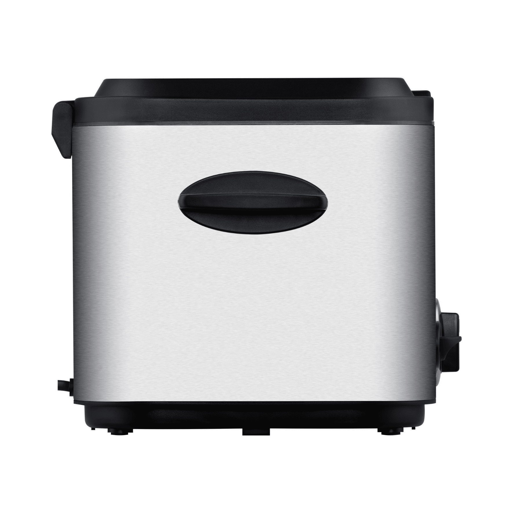 Fritteuse von Steba in Edelstahl-Optik mit schwarzem Deckel und Griff, kompakte Bauweise für einfache Handhabung.