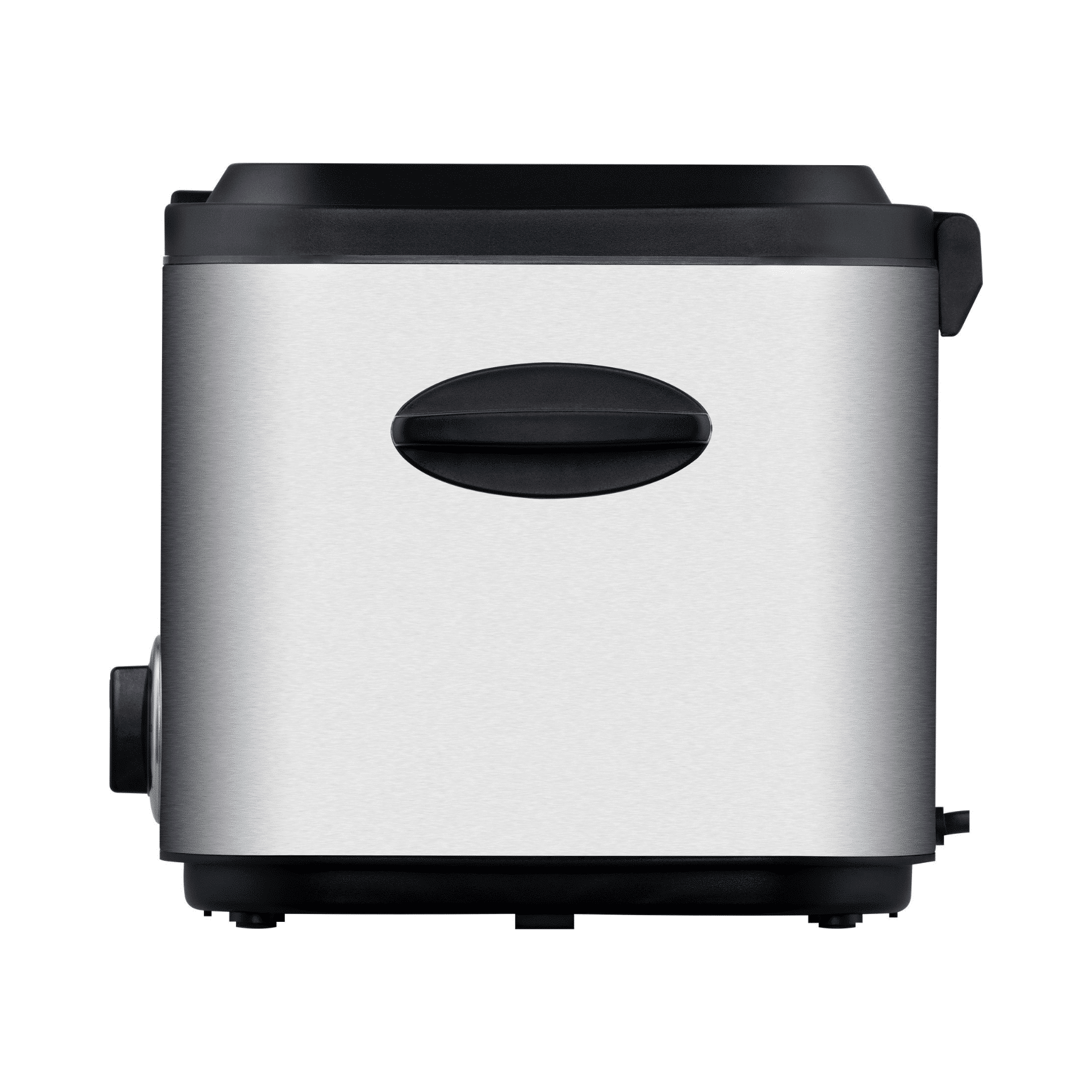 Fritteuse von Steba in Edelstahloptik mit schwarzem Deckel und Griff, kompakte Bauweise für einfache Handhabung.