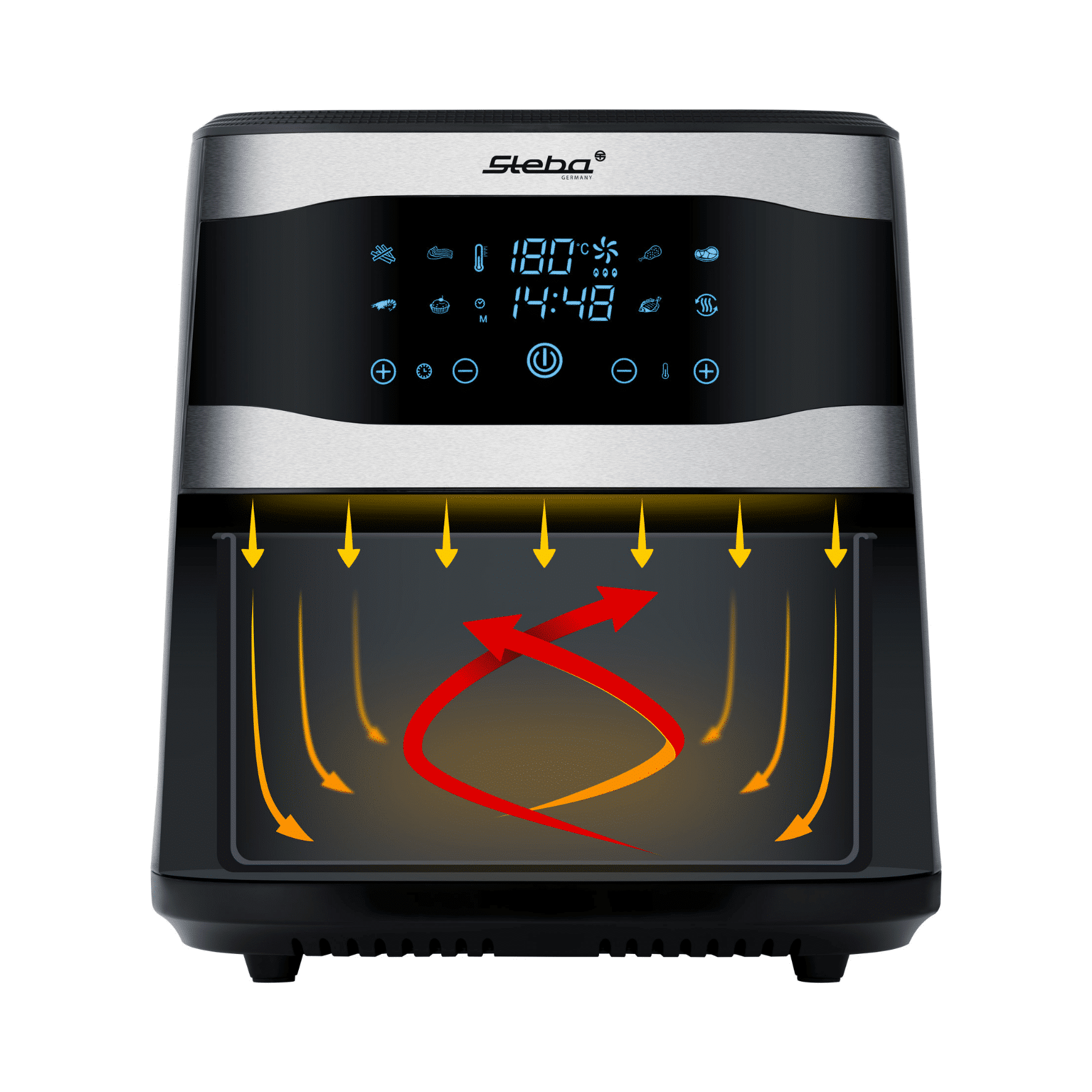 Steba HF 8000 Heißluftfritteuse mit LED-Display, zeigt Luftzirkulation zur gesunden Zubereitung von Speisen.