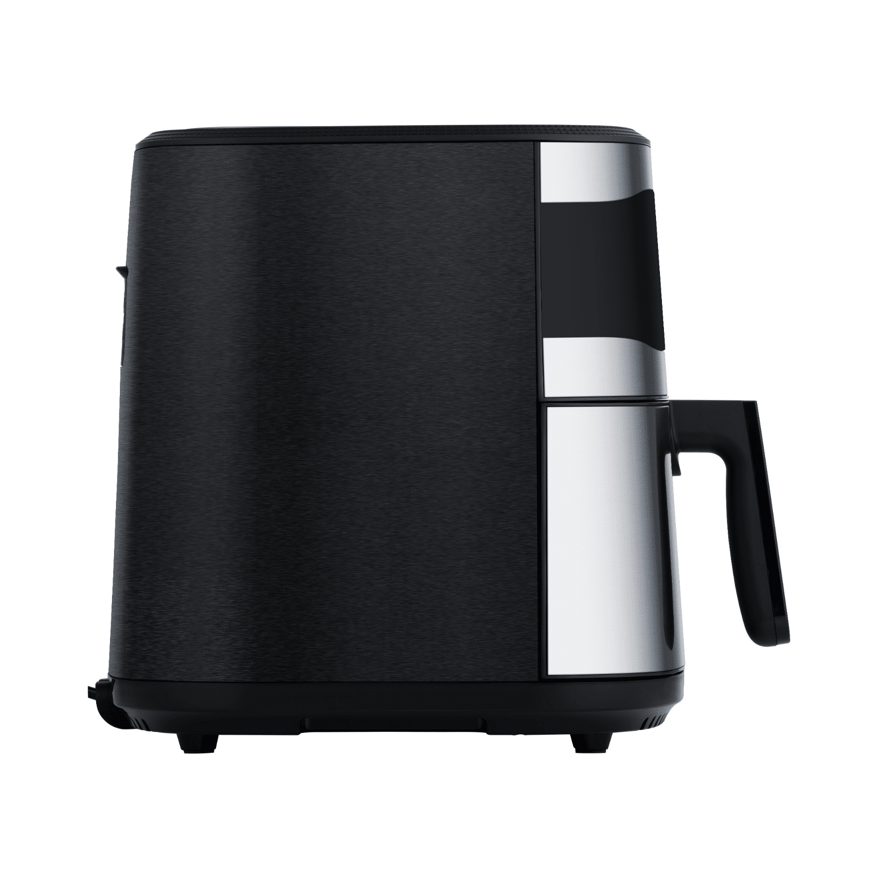 Heißluftfritteuse Steba HF 8000, schwarze Oberfläche mit silbernen Akzenten und Griff, seitliche Ansicht.