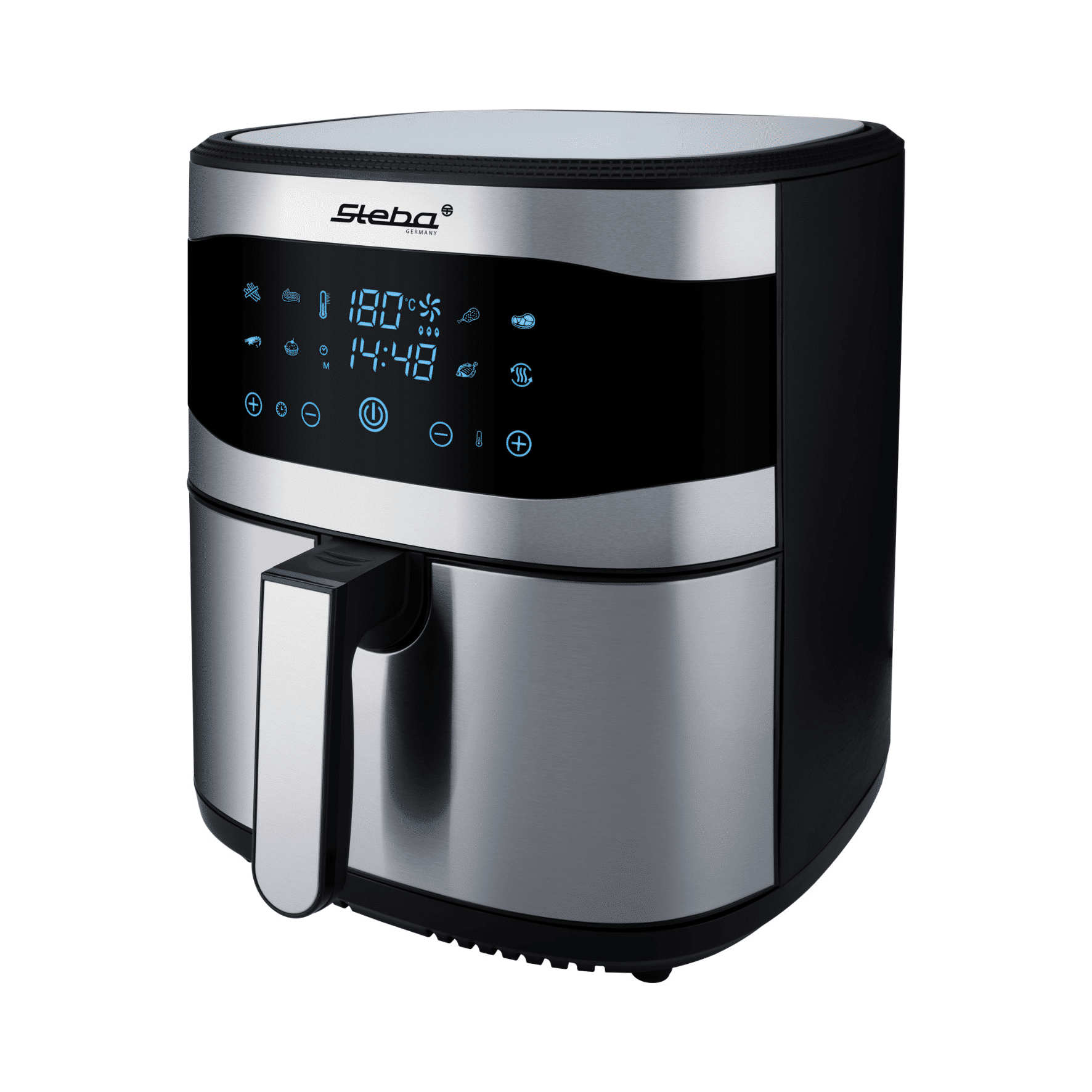 Steba Heißluftfritteuse HF 8000 mit digitalem Display, Temperaturregelung bis 200°C und herausziehbarem Frittierkorb.