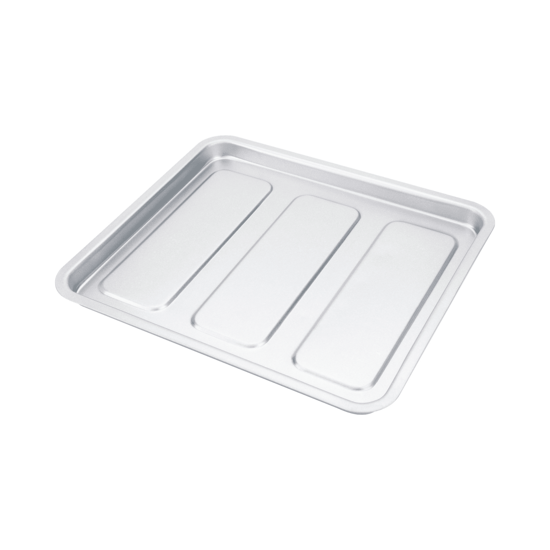 Backblech für den Steba Mini-Backofen, rechteckige Form, aus Aluminium, mit drei Rillen für gleichmäßiges Backen.