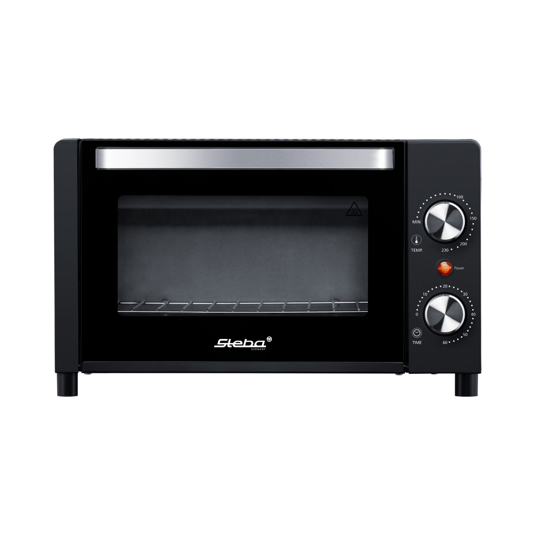 Steba Mini-Backofen mit Temperatur- und Zeitschaltknopf, schwarzem Gehäuse und Sichtfenster. Ideal für kleine Backprojekte.