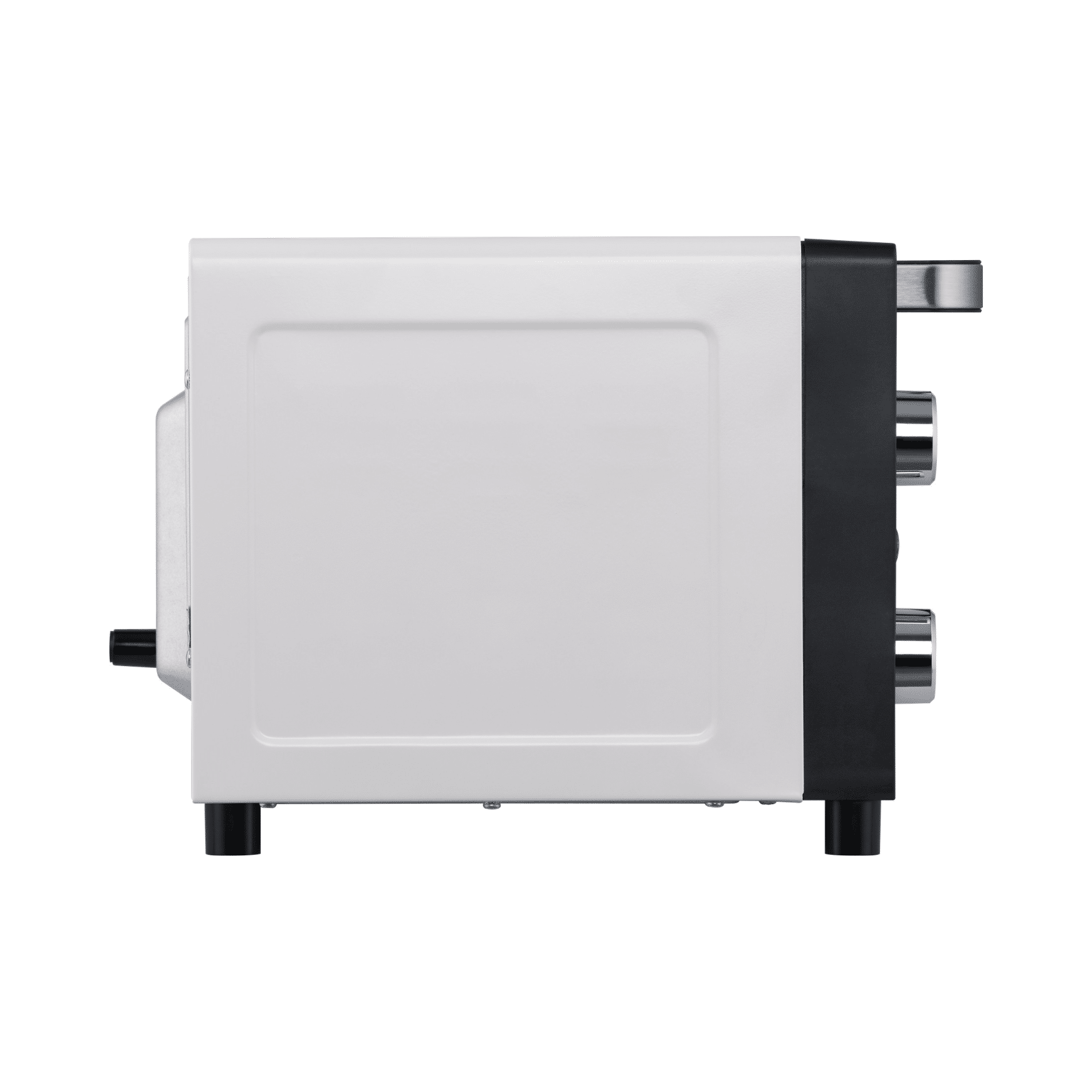 Seitenansicht des Steba KBA 9 Mini Backofens in Weiß und Schwarz, mit zwei Bedienelementen und einem kompakten Design.