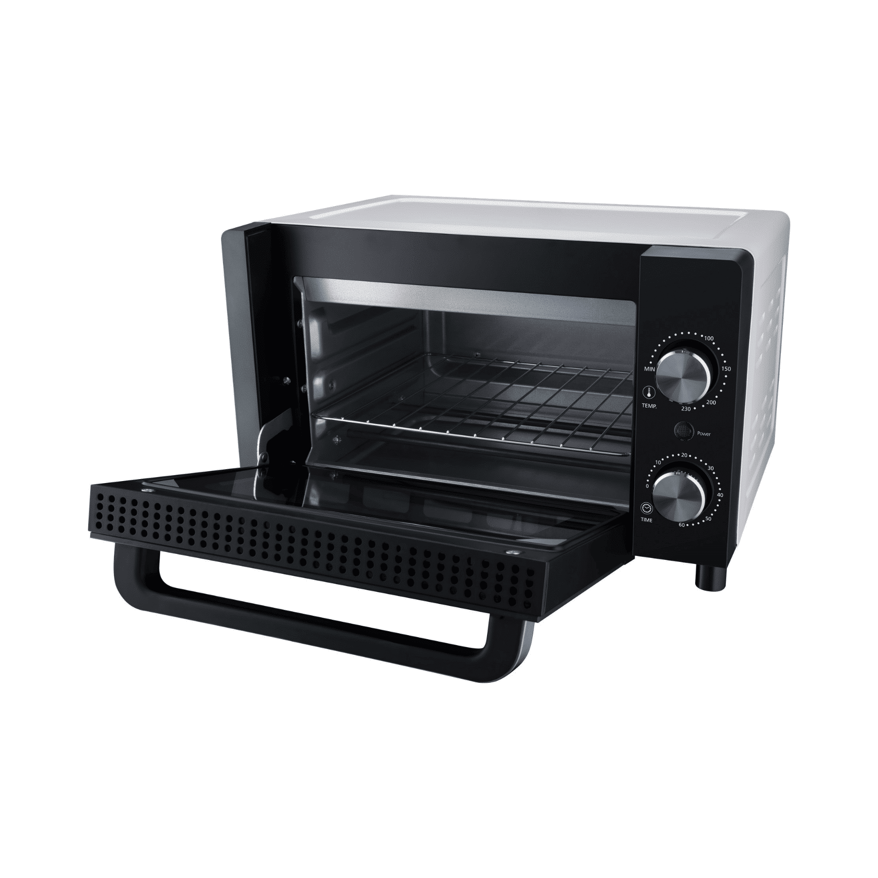 Mini-Backofen von Steba mit herausziehbarem Grillrost, Temperatur- und Timer-Einstellungen, modernes Design in Schwarz und Silber.