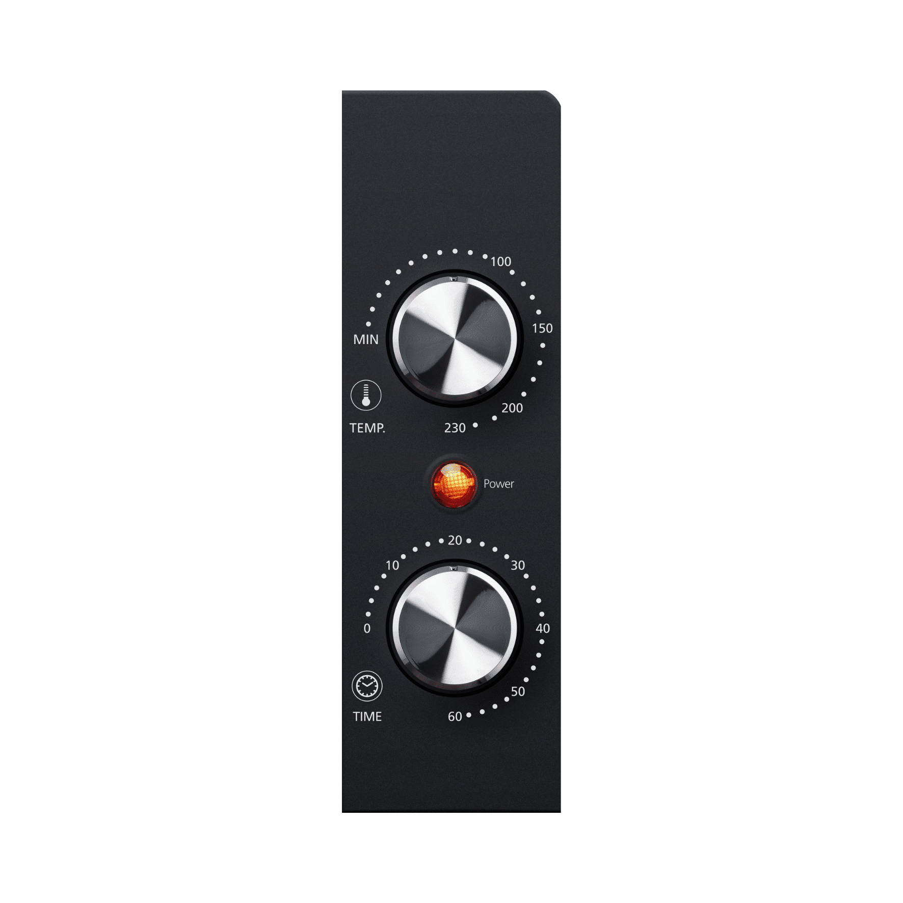 Bedienfeld eines Steba Mini-Backofens mit Temperatur- und Zeitschaltknöpfen. Temperatur bis 230 °C, Timer bis 60 Minuten.