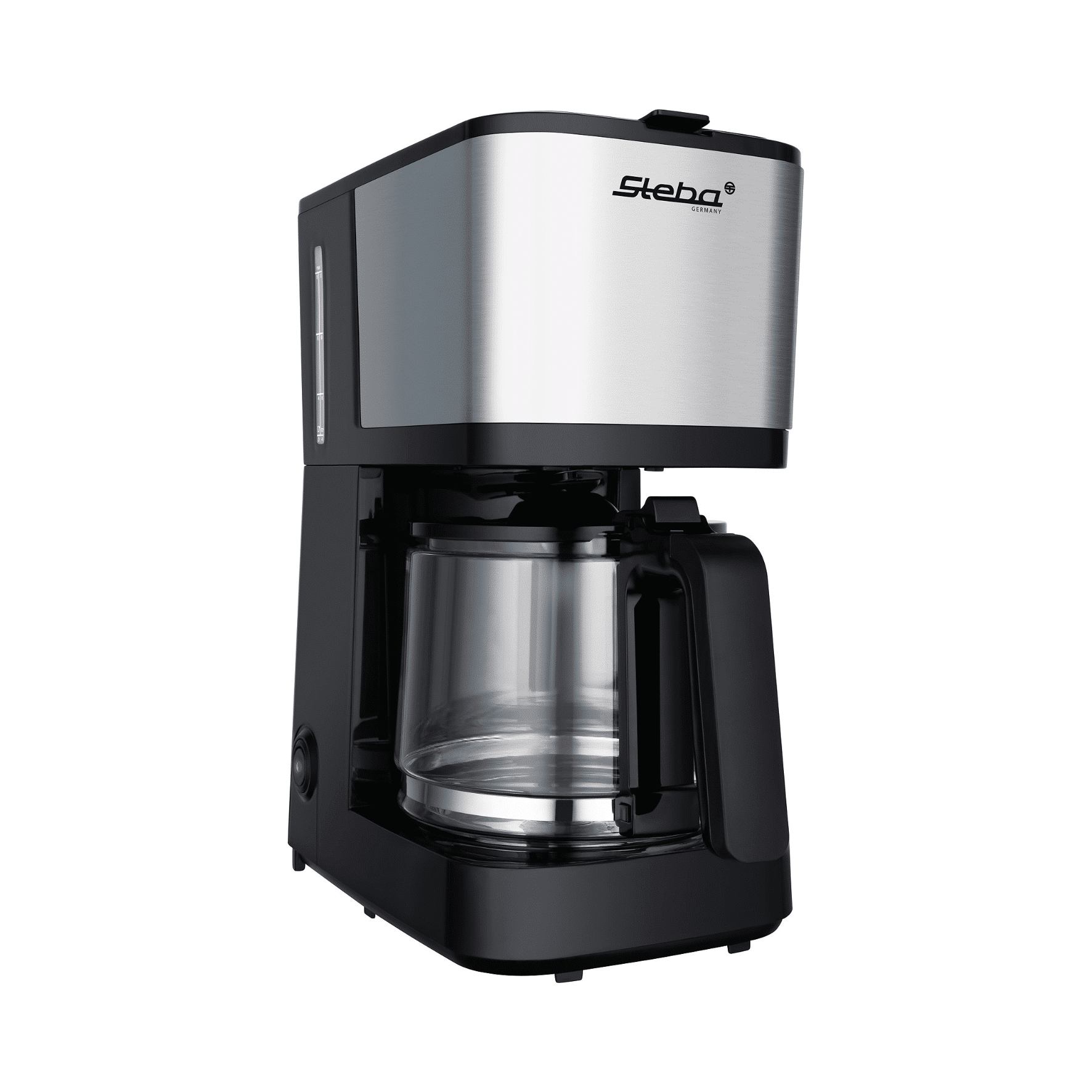 Steba KMF 2 Filterkaffeemaschine in Edelstahl-Optik mit Glaskanne und schwarzem Gehäuse. Ideal für frischen Kaffee.