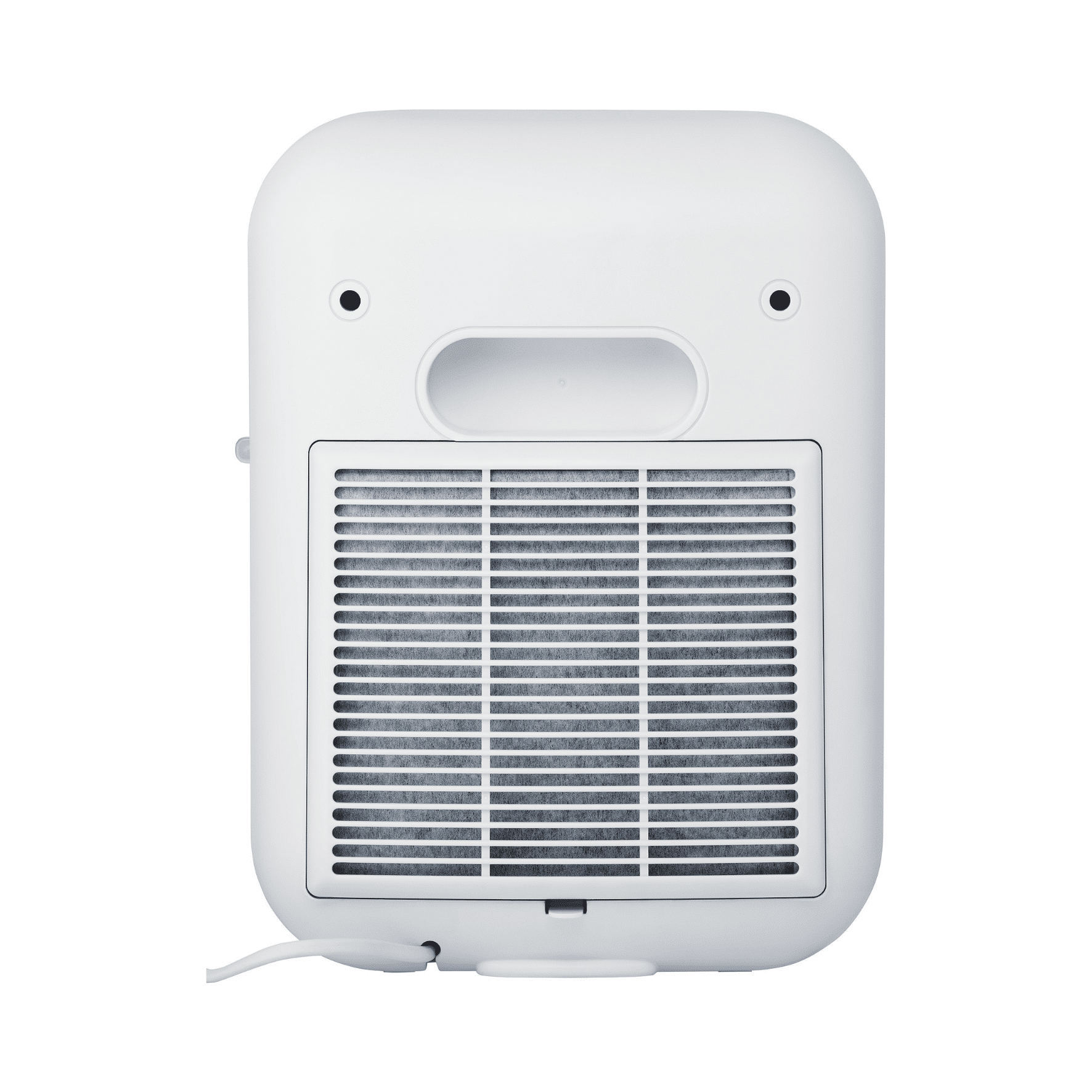 Weißer Luftreiniger mit Frontgitter und Luftauslass. Kompakte Bauweise, geeignet für die Verbesserung der Raumluftqualität.