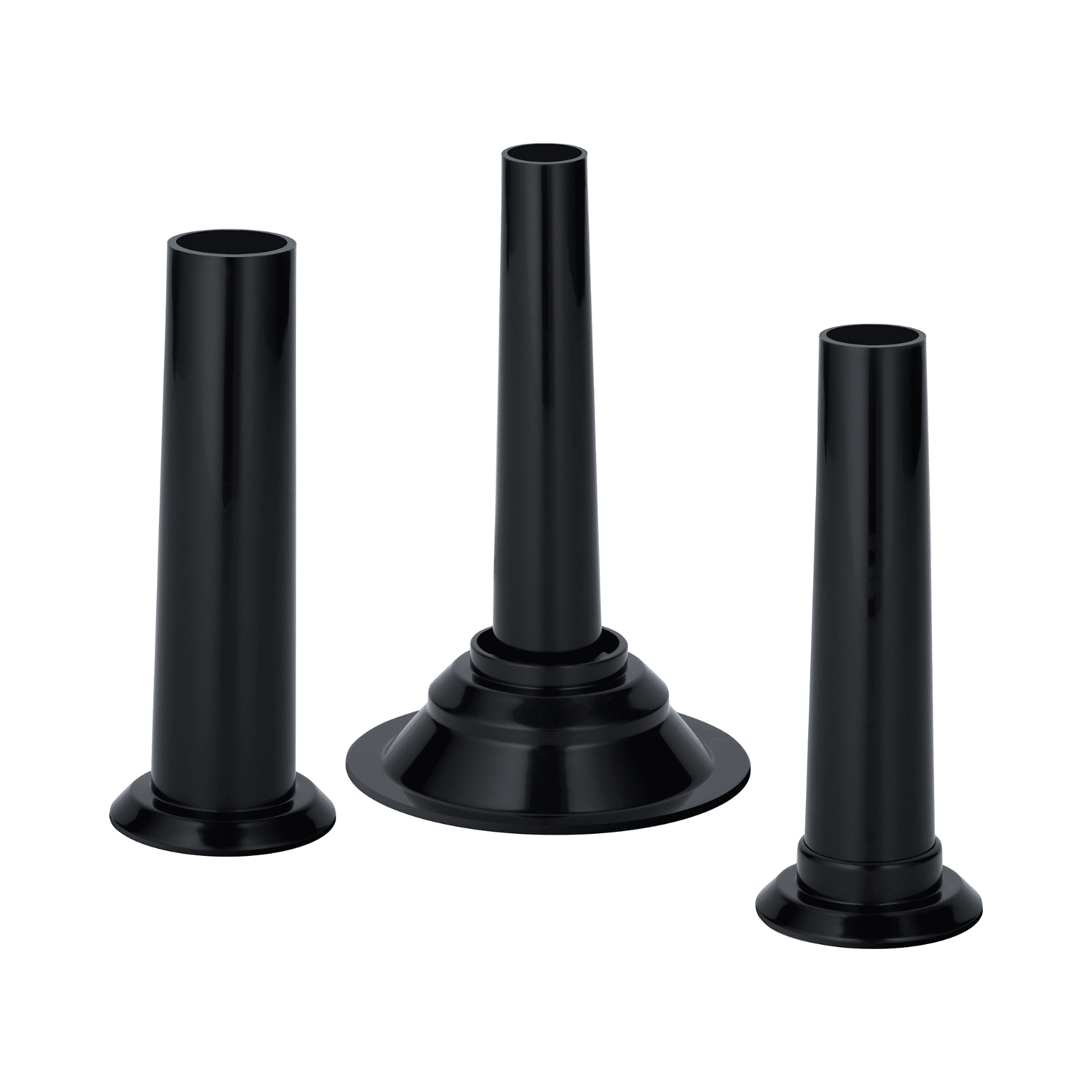 Drei schwarze Wurstfüller in unterschiedlichen Höhen für den Steba MG 3000 Profi Fleischwolf. Ideal zum Befüllen von Wursthüllen.