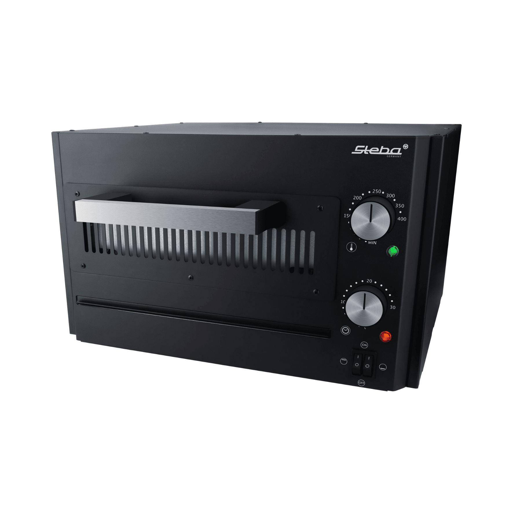 Steba Pizzaofen PB 1800 in Schwarz, mit Temperaturregler bis 400 °C, Timer und Bedienknöpfen. Ideal für knusprige Pizzen.
