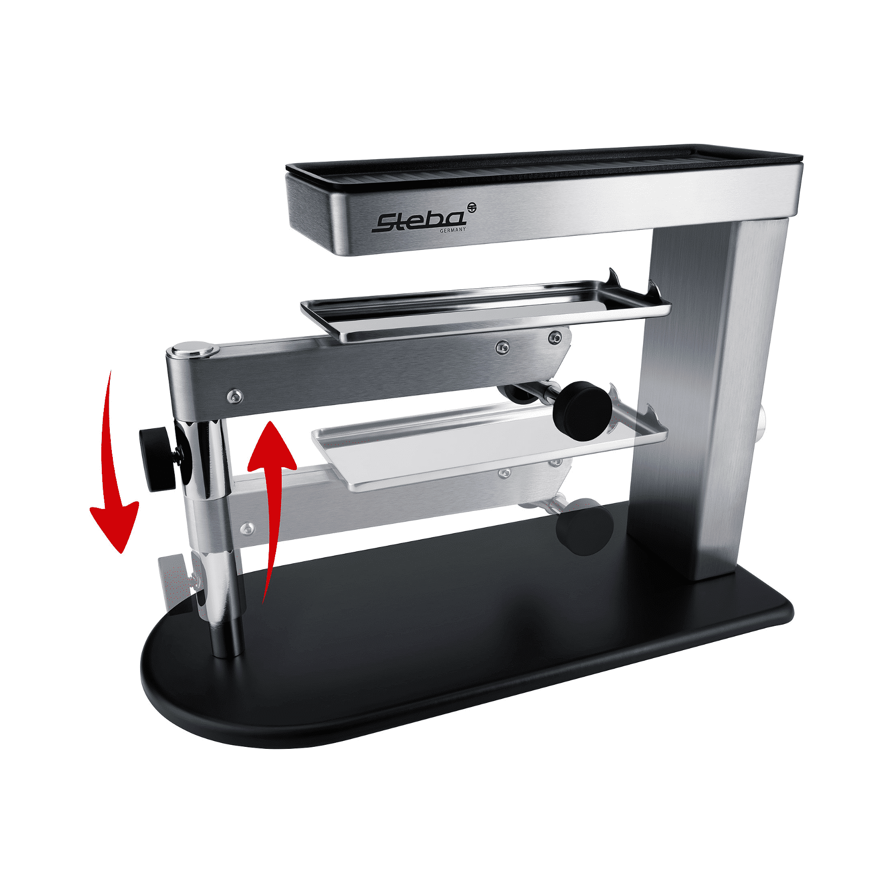 Höhenverstellbarer Raclette-Grill von Steba mit Edelstahlgehäuse und praktischer Ablagefläche.