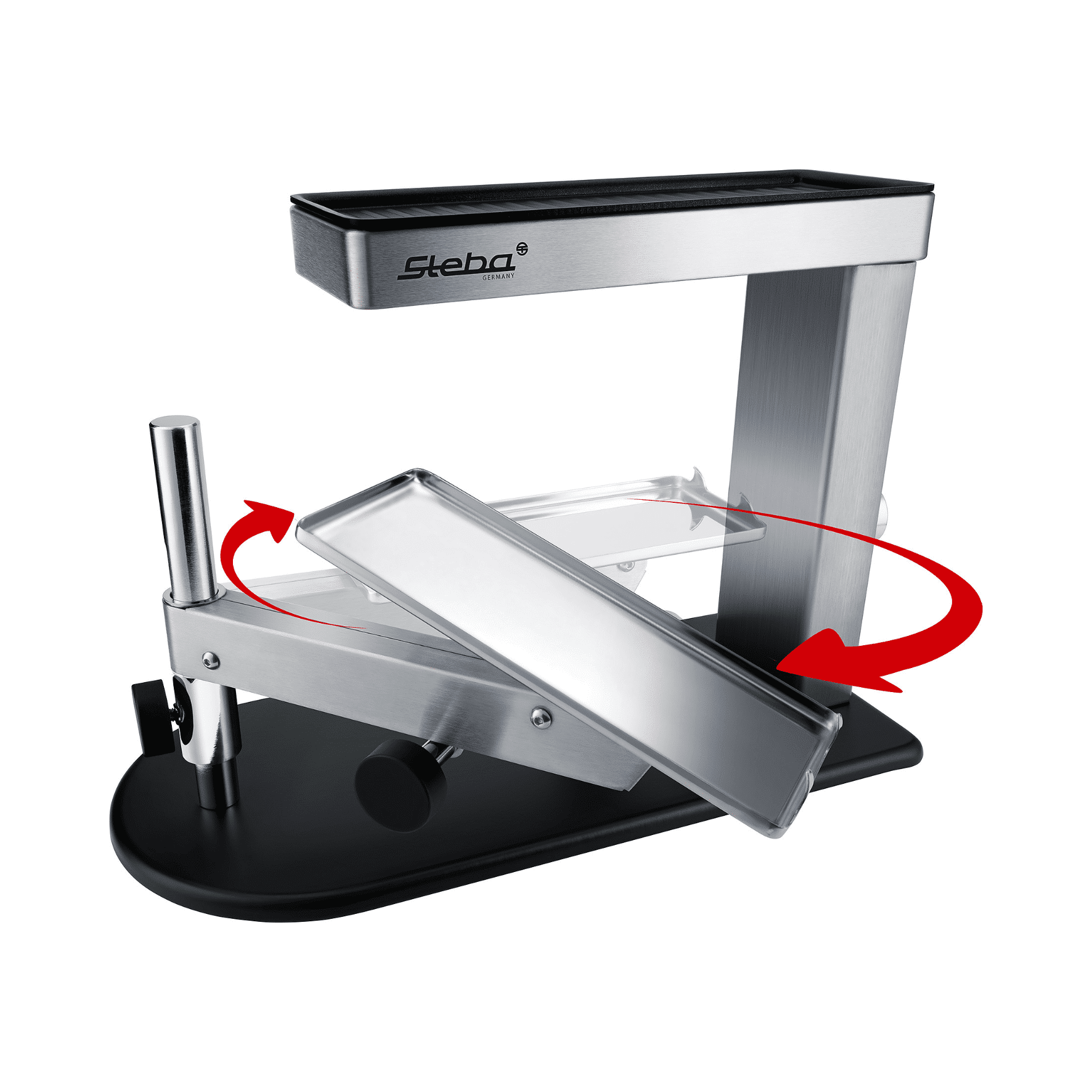 Steba Raclette mit Schwenkarm, aus Edelstahl, stabiler Standfuß, ideal zum Schmelzen von Käse und Zubereiten von Gerichten.