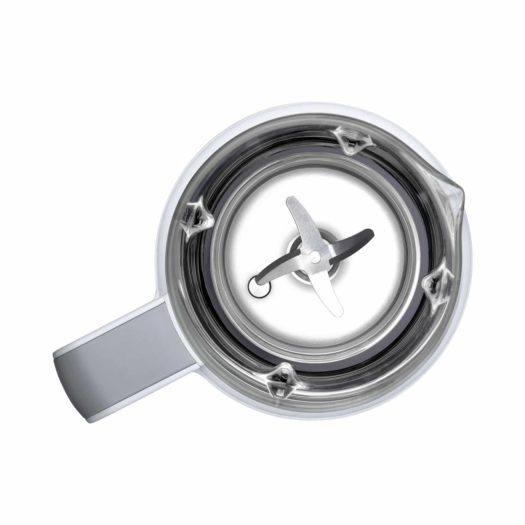 Überkopfansicht des Mixbehälters des Steba VDM2 Vegan Drink Makers mit Edelstahlklingen und ergonomischem Griff.