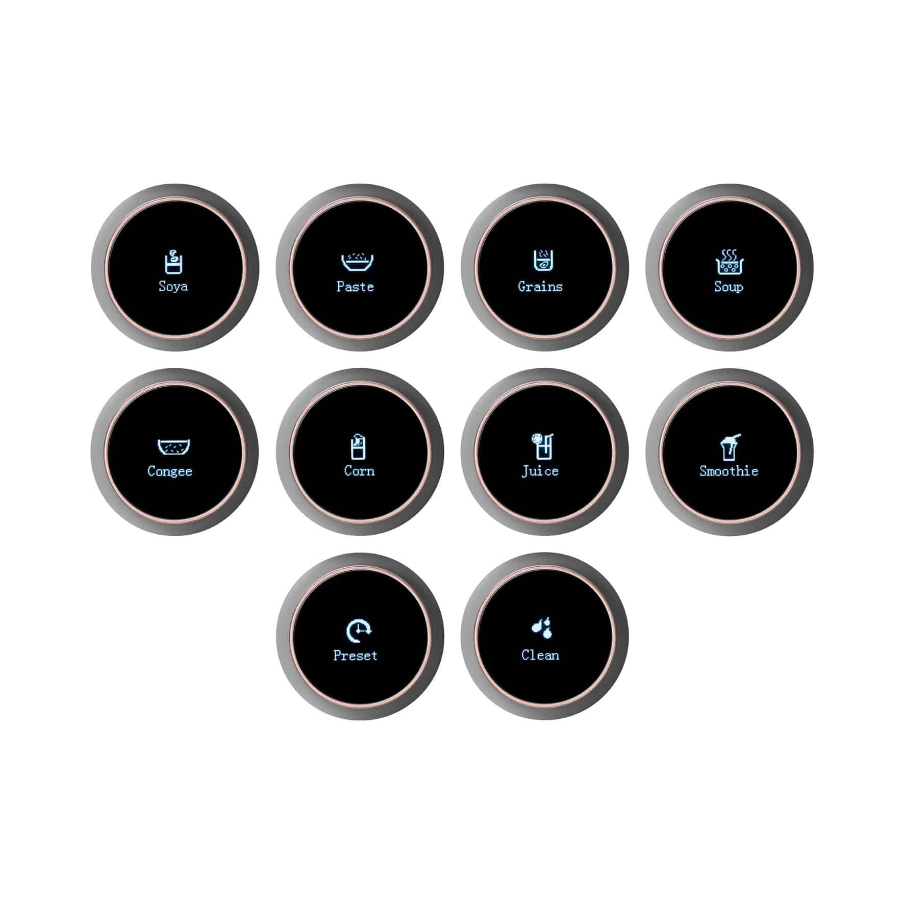 Touchscreen-Bedienelemente für den Steba VDM2 Vegan Drink Maker mit Programmen wie Soya, Paste, Grains, Soup, Juice, Smoothie und mehr.