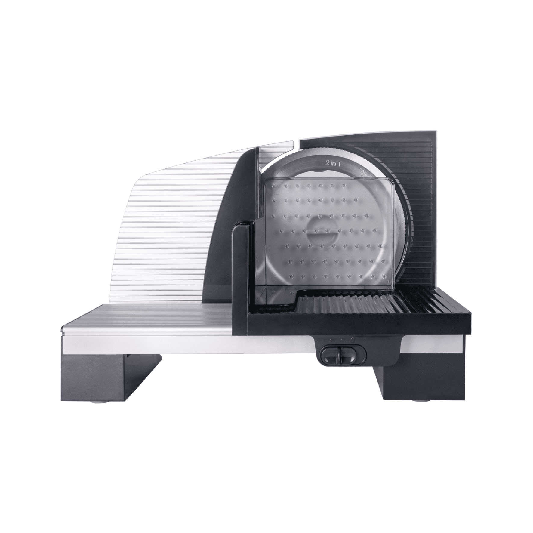 Allesschneider von Steba, Modell AS200, in frontalem Blick. Edelstahlklinge, verstellbare Schnittstärke und rutschfeste Unterlage.