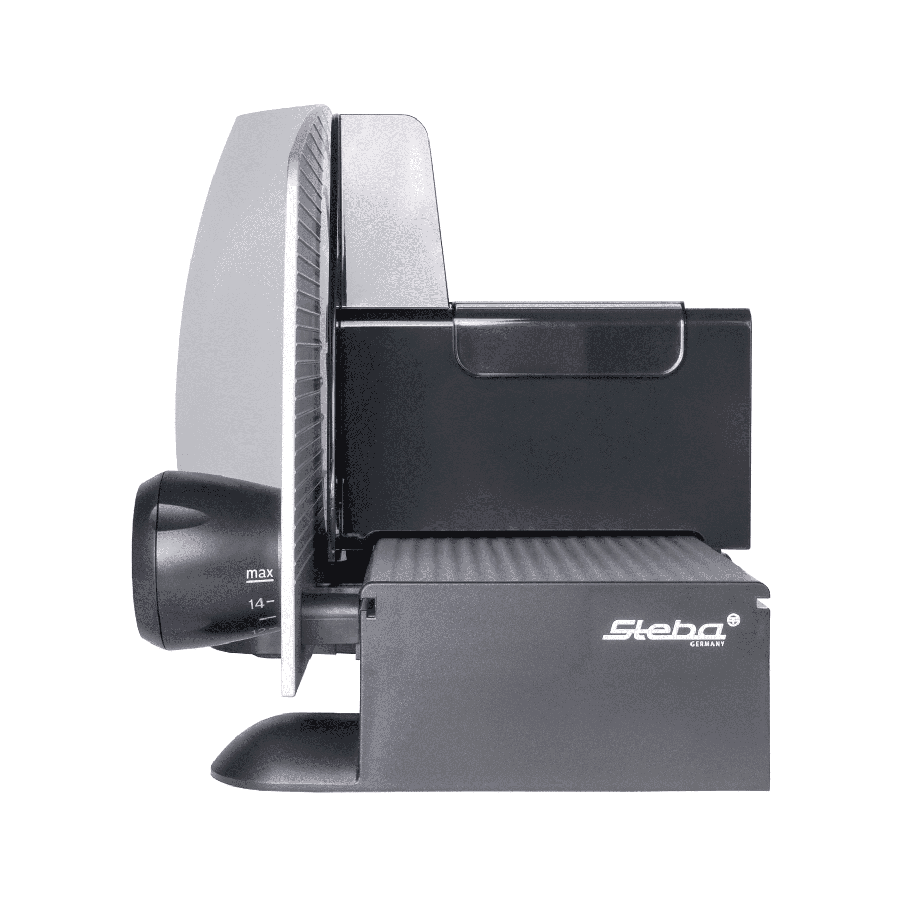 Seitenansicht des Steba AS200 Allesschneiders mit schwarzem Gehäuse und robustem Schneidbrett.
