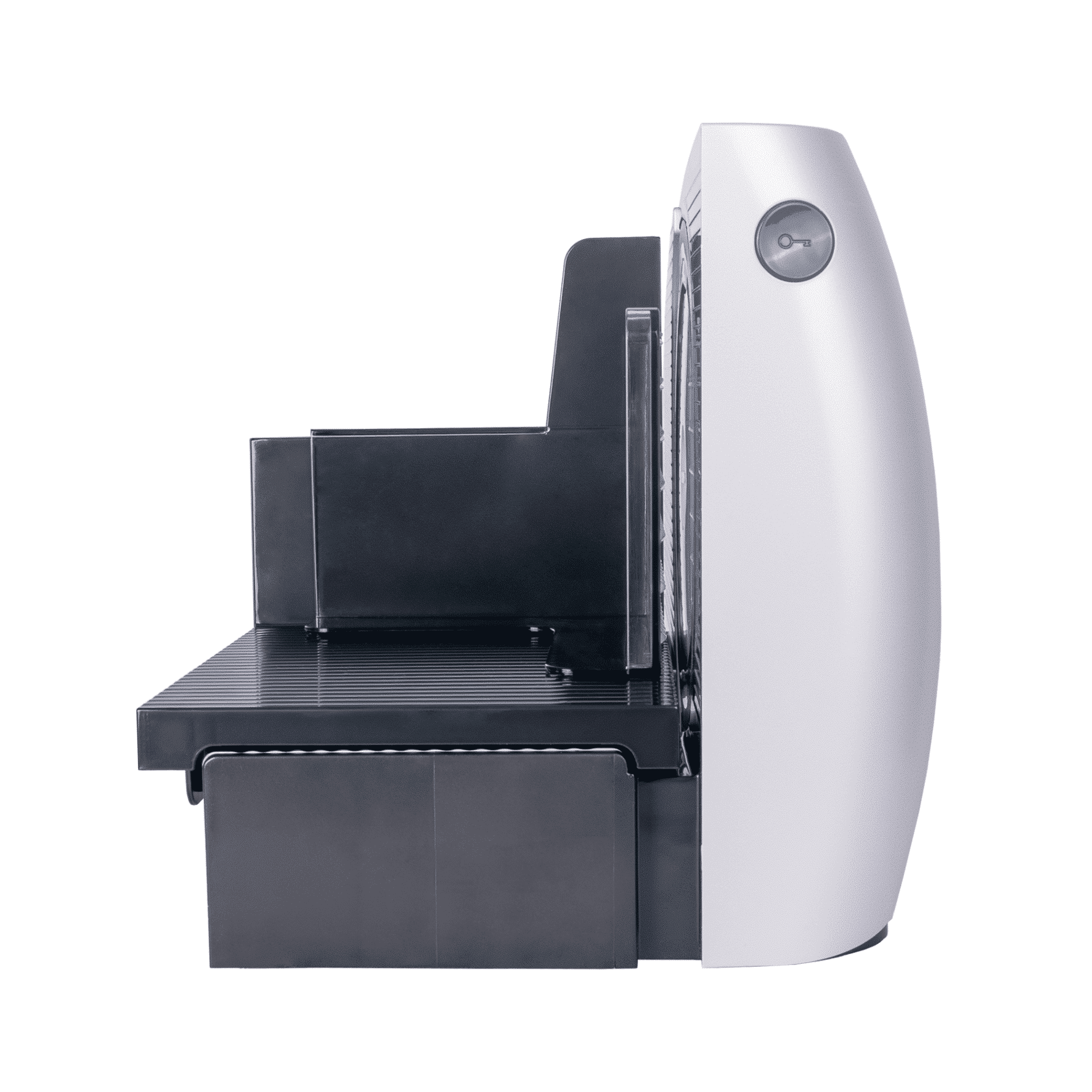 Seitenansicht des Steba AS200 Allesschneiders mit einem stabilen Standfuß und einer transparenten Abdeckung.