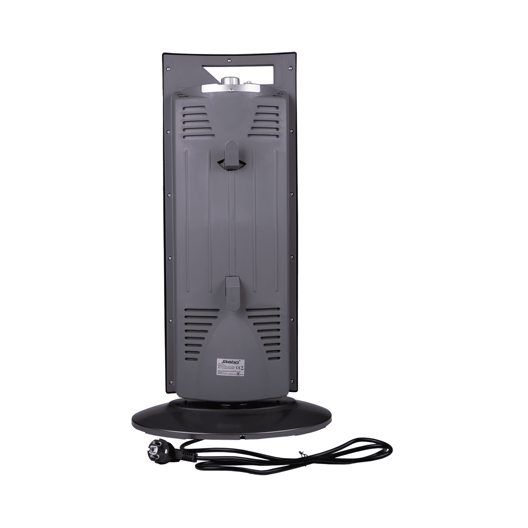 Heizstrahler von Steba, Rückansicht mit stabiler Standfläche und Kabel, zeigt die Lüftungsschlitze und Bedienelemente.