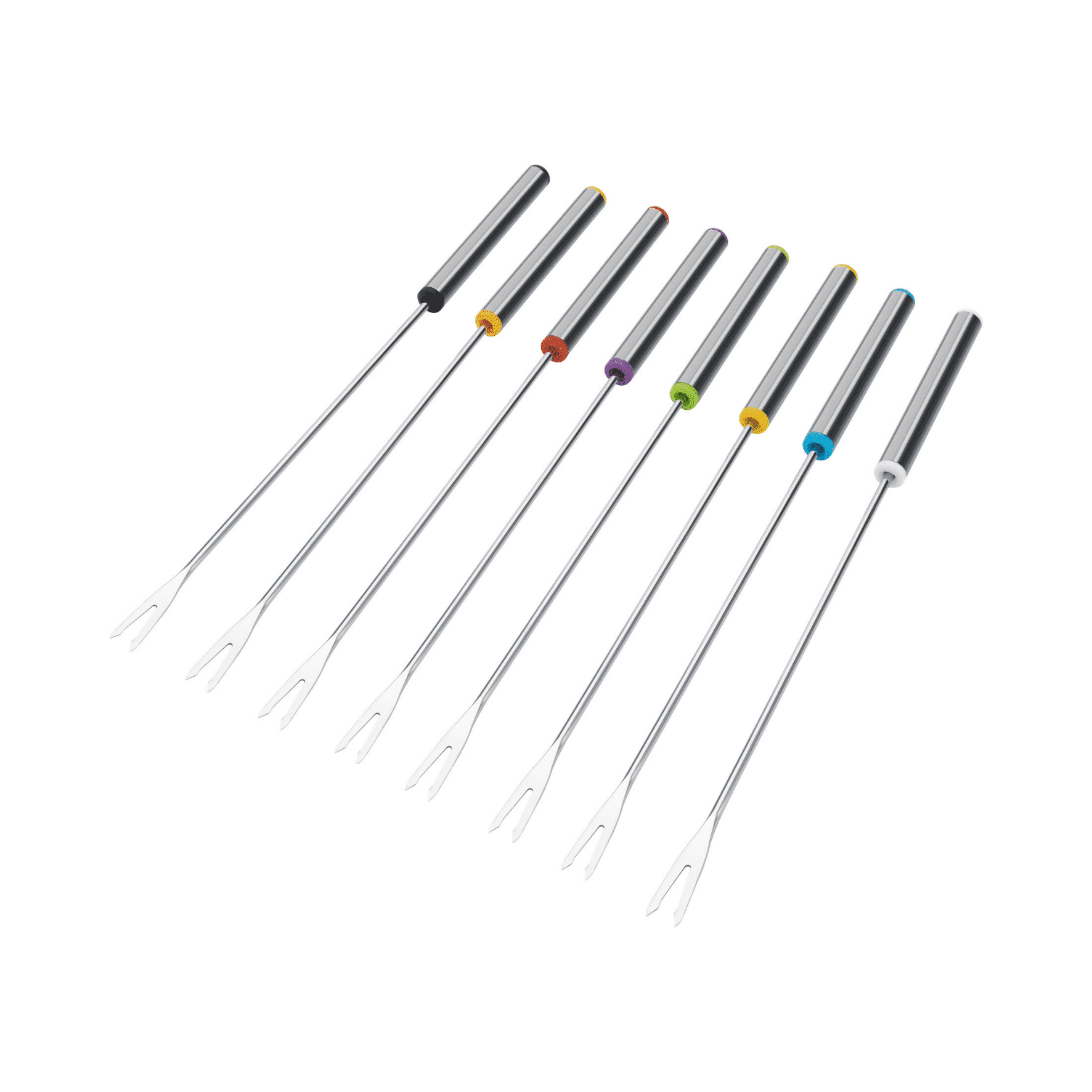 Set von 10 Fondegabeln mit Edelstahlspitzen und bunten Griffen für einfaches Servieren von Fondue.