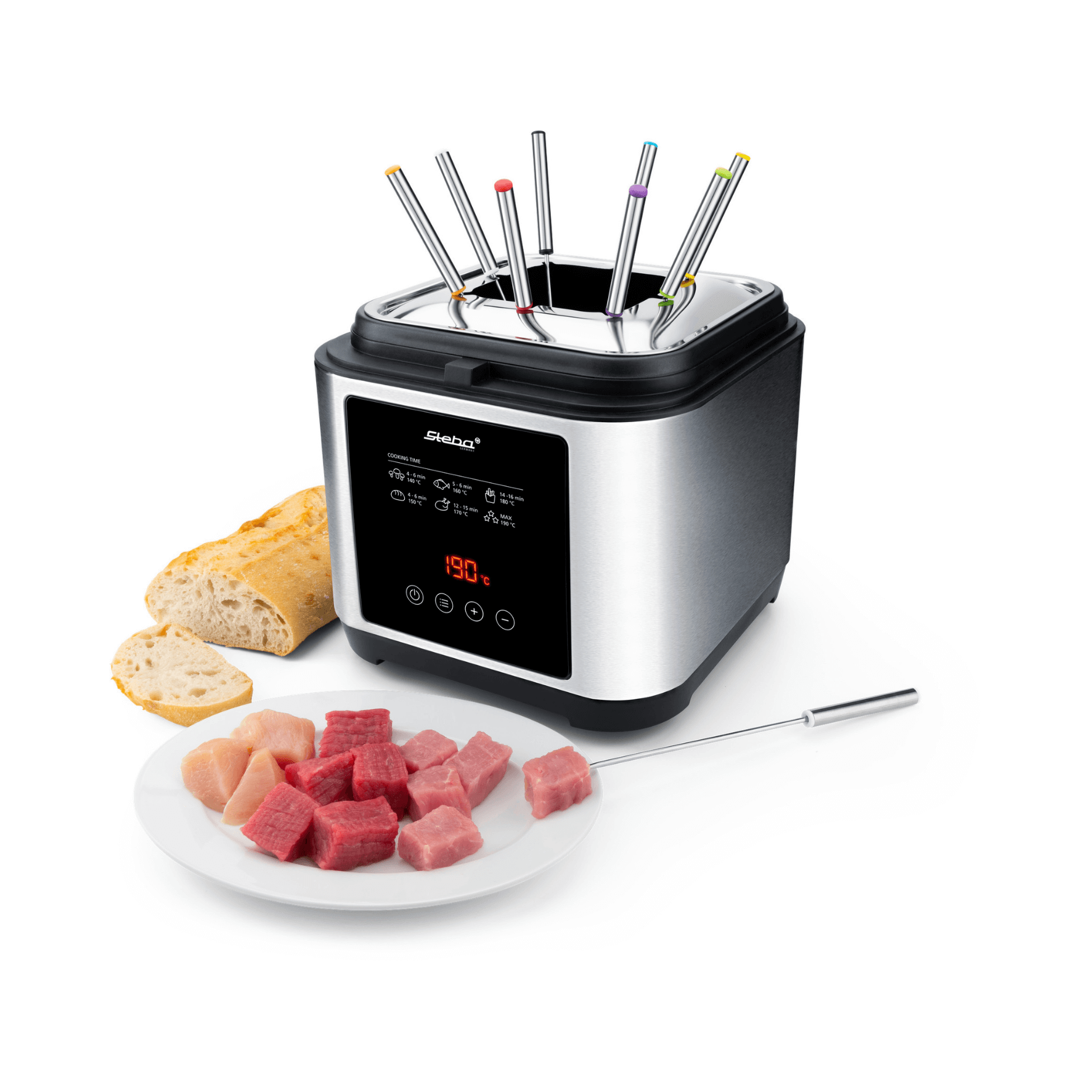 Steba DF150F Fritteuse mit digitaler Temperaturanzeige, inklusive Fonduegabeln, neben Rohfleisch und Brot.
