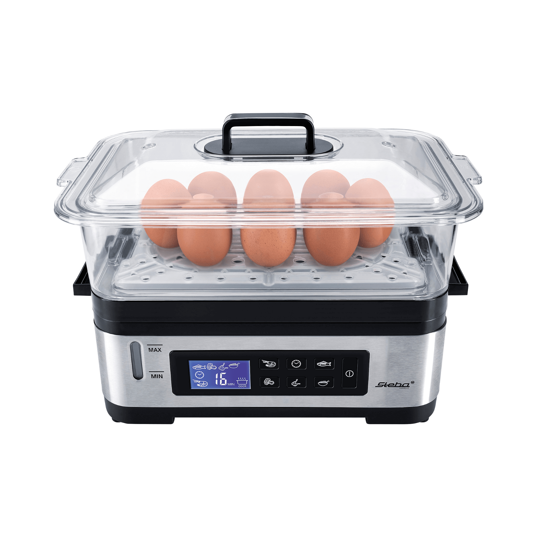 Dampfgarer von Steba mit transparentem Deckel und Platz für bis zu 6 Eier. Digitale Steuerung mit verschiedenen Programmen.