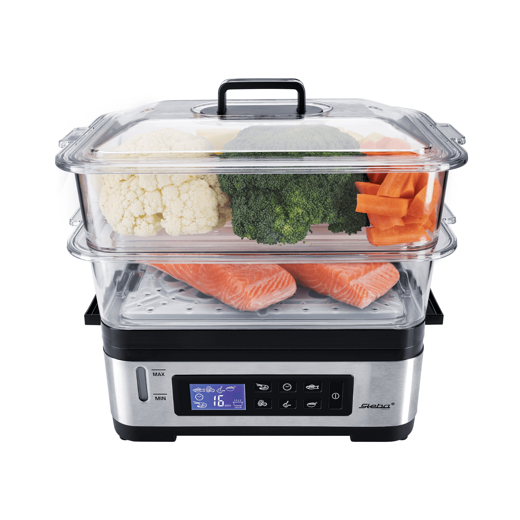 Dampfgarer von Steba mit zwei transparenten Behältern, gefüllt mit Lachs, Brokkoli, Blumenkohl und Karotten. Digitale Steuerung.