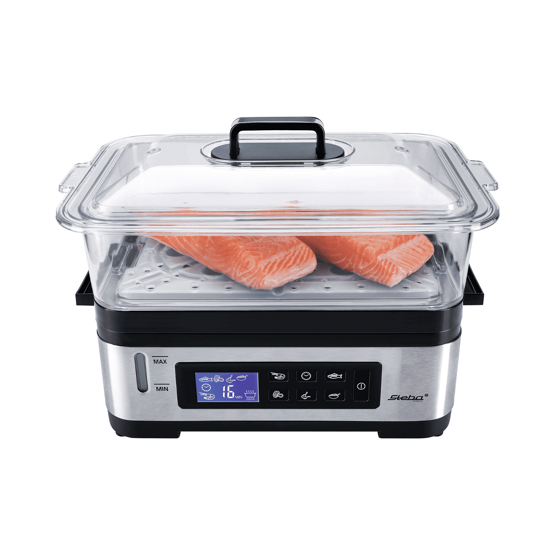 Dampfgarer von Steba mit transparentem Deckel, digitalem Display und zwei Fächern für die Zubereitung von Lebensmitteln.