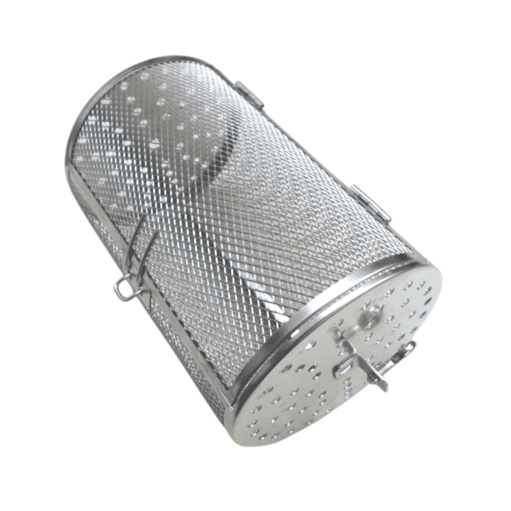 Drehkorb für Kleinbackofen aus Edelstahl mit perforierter Oberfläche und Klappmechanismus. Ideal für gleichmäßiges Garen.