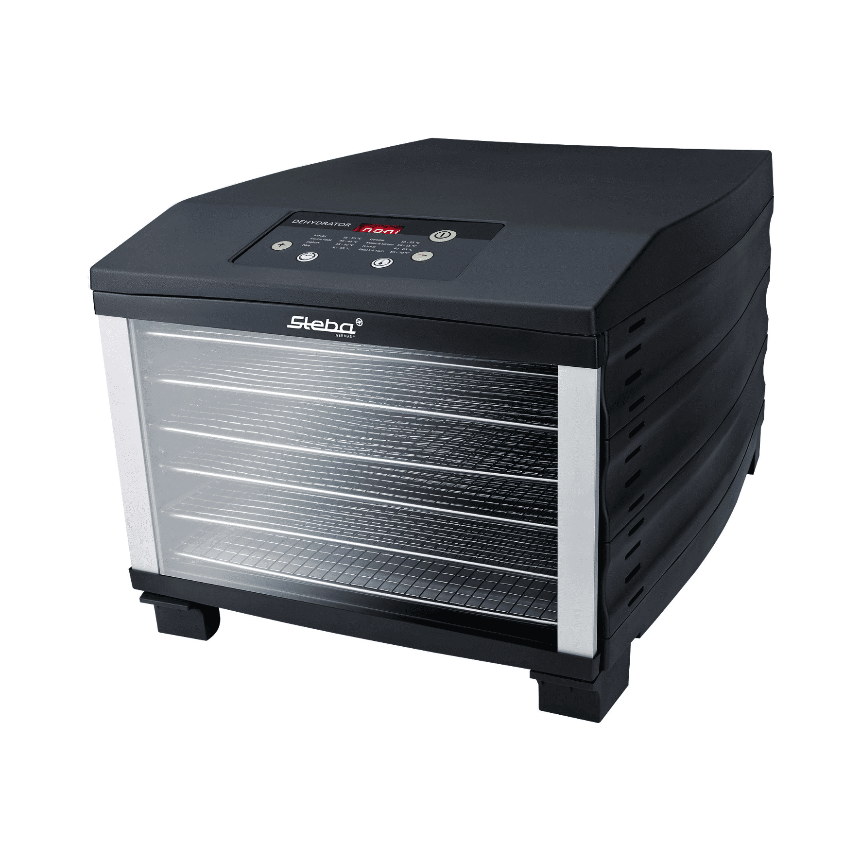 Steba ED6 Dörrautomat mit mehreren Etagen, transparenten Einsätzen und digitalem Bedienfeld für präzises Trocknen von Lebensmitteln.