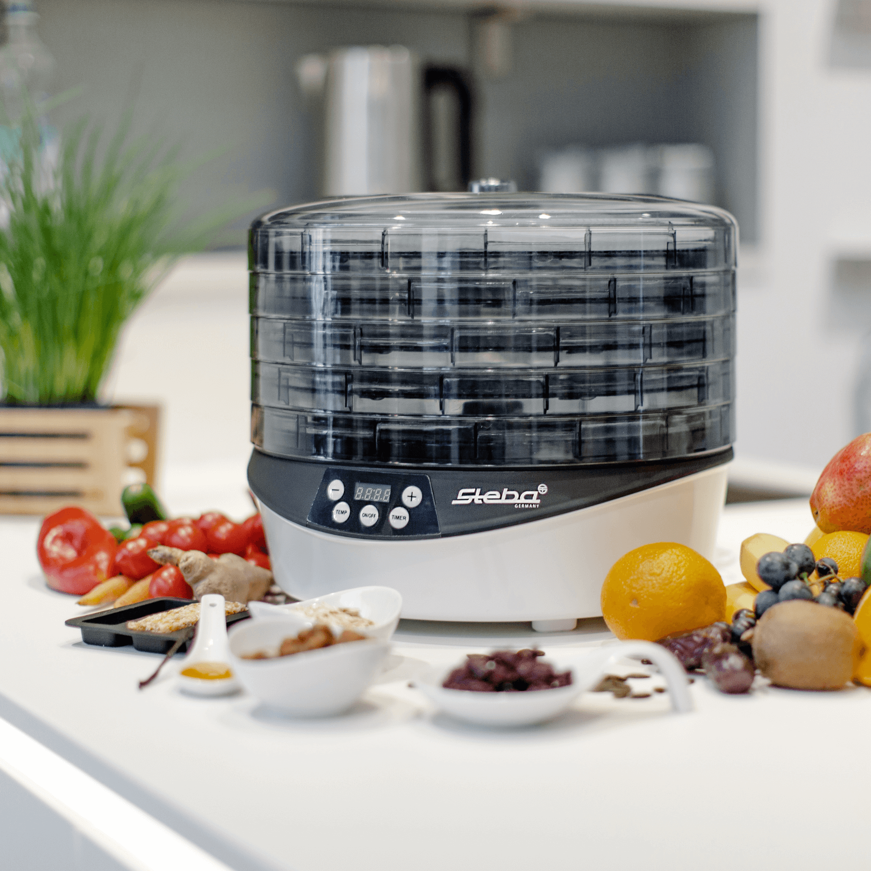 Steba Dörrautomat mit mehreren transparenten Behältern, digitalem Display und Steuerung, umgeben von frischen Lebensmitteln.