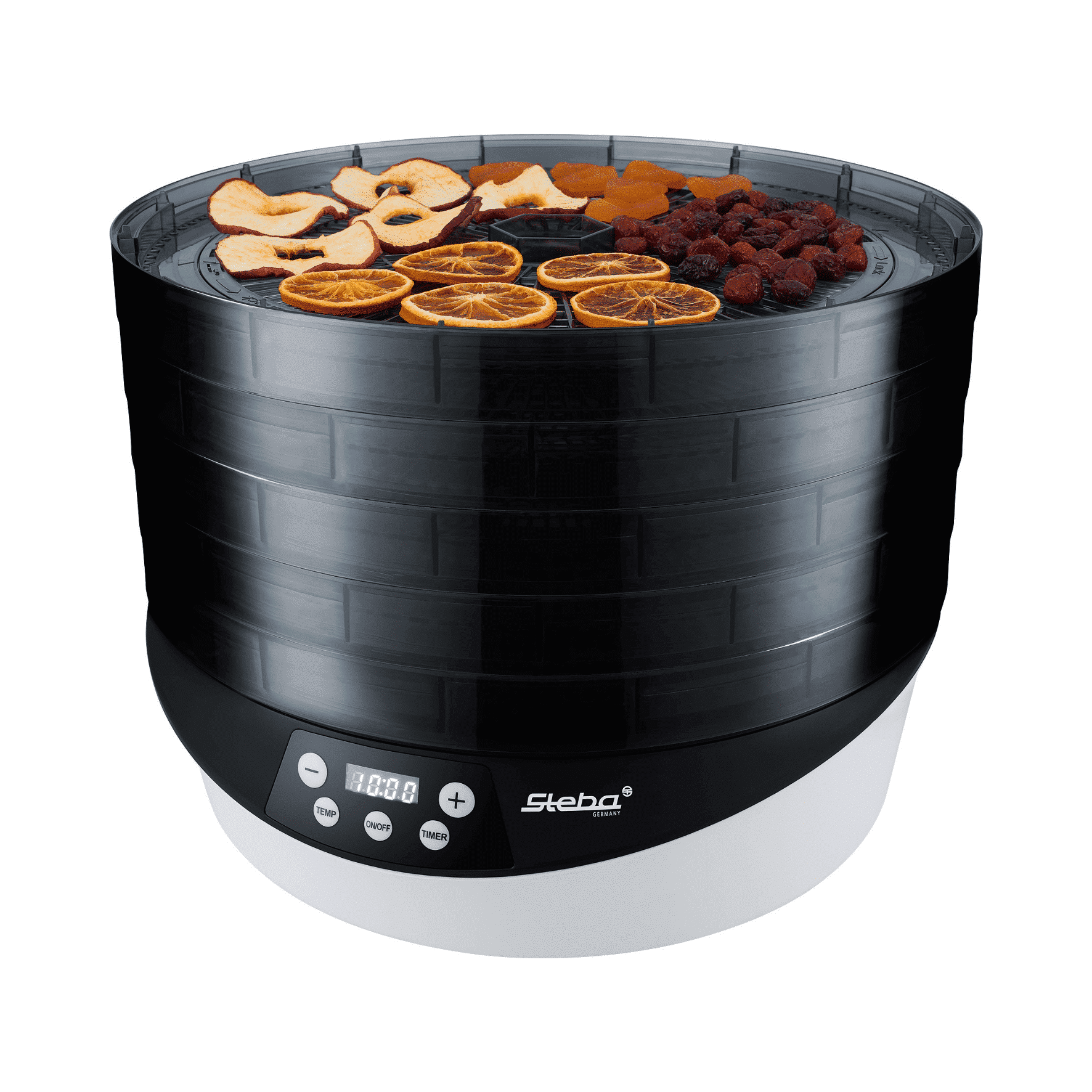 Steba Dörrautomat mit mehreren Etagen, ausgestattet mit digitalem Display zur Temperatur- und Timer-Einstellung.