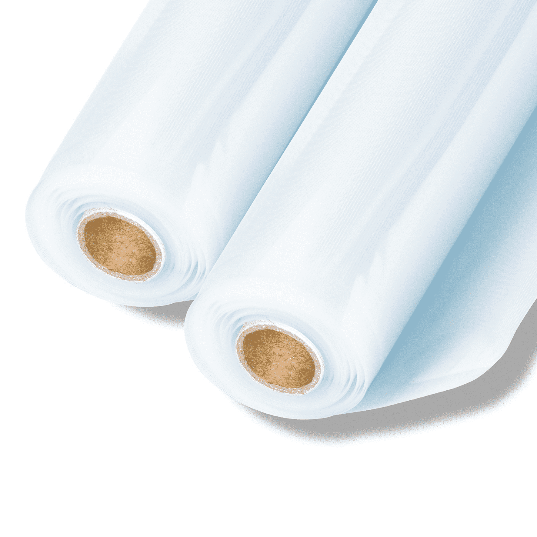 Zwei Rollen transparentes Vakuumierfolie auf einer weißen Unterlage, ideal für die Lebensmittelkonservierung.