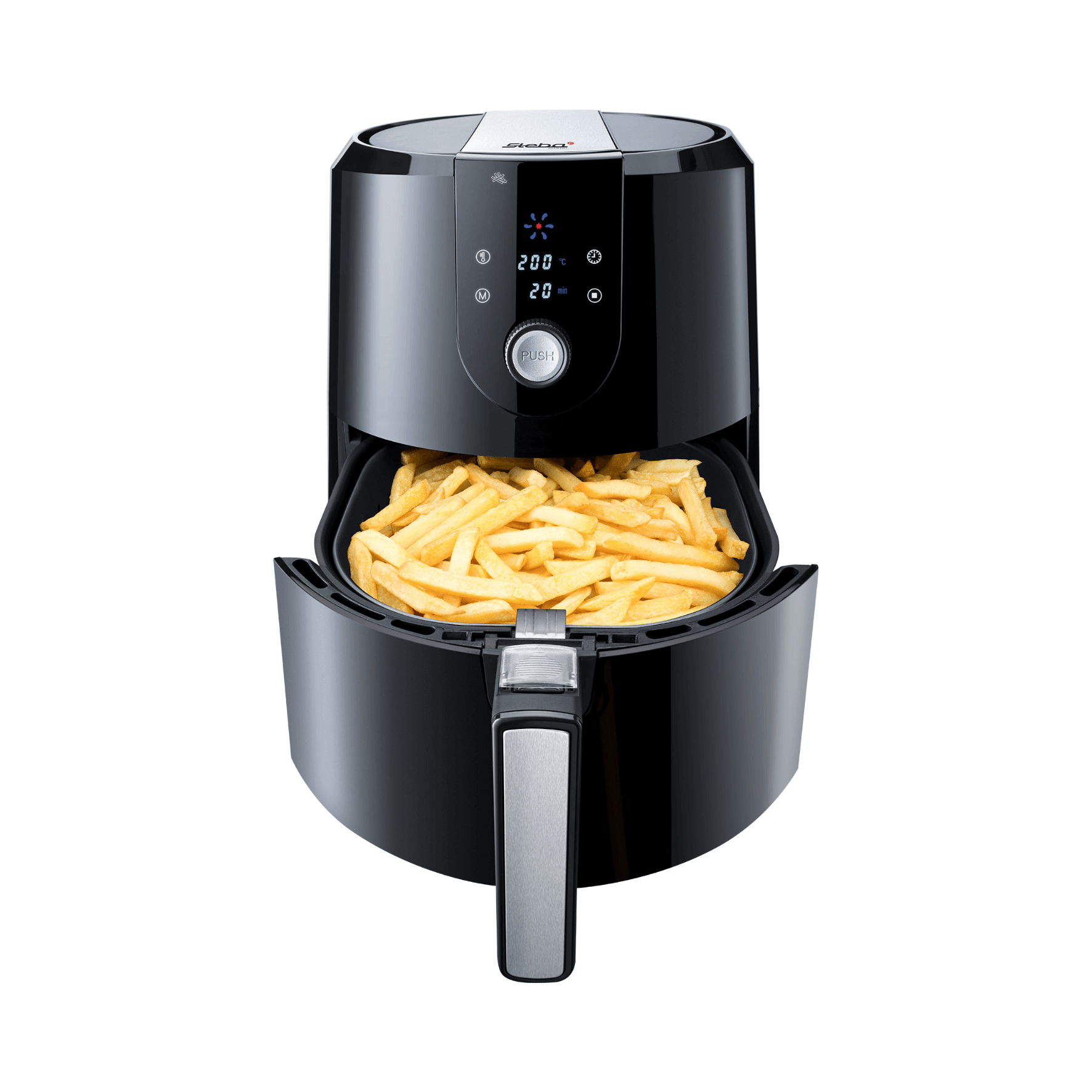 Heißluftfritteuse Steba HF5000 mit herausziehbarem Korb, gefüllt mit Pommes frites. Temperatur und Zeit digital einstellbar.