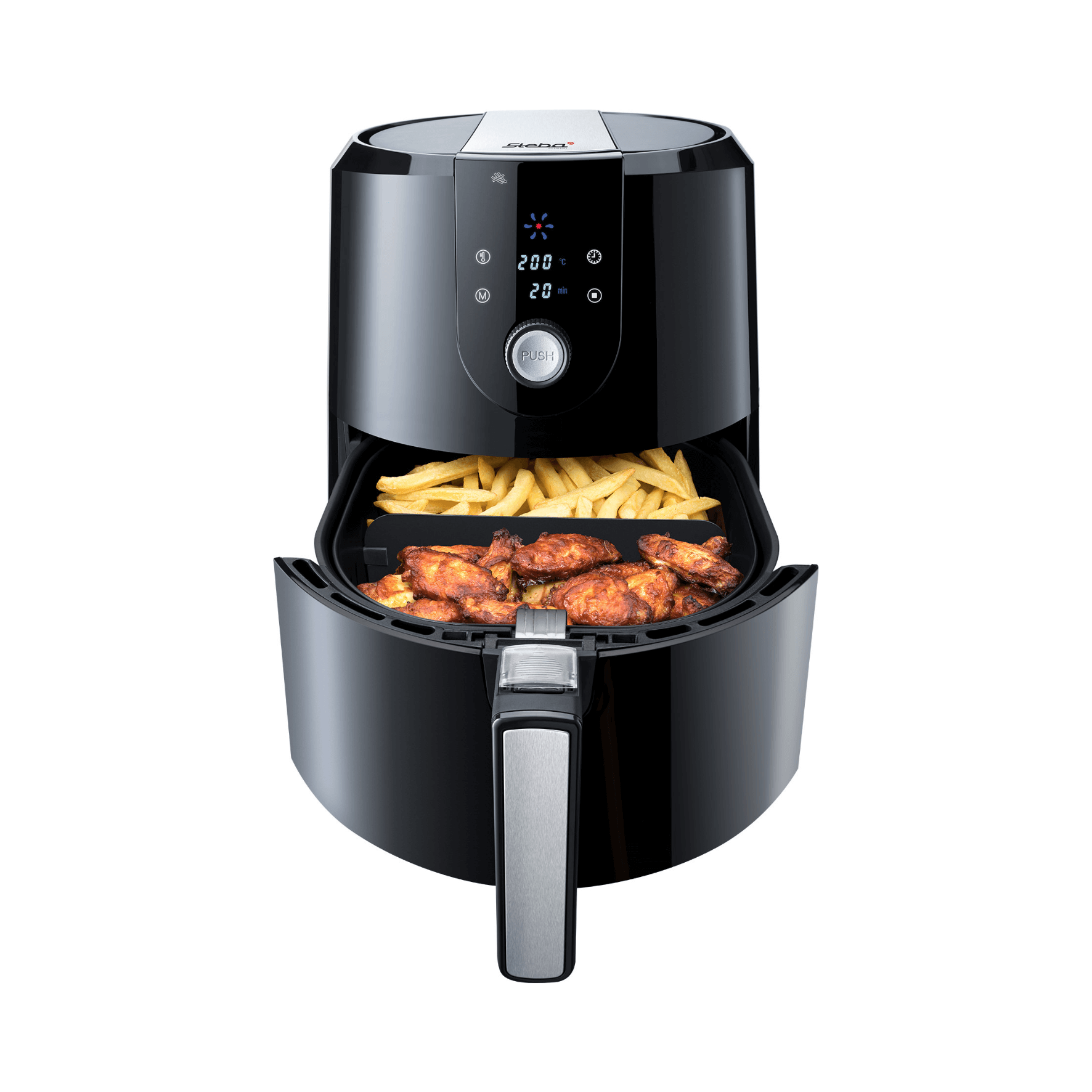 Steba HF5000 Heißluftfritteuse in Schwarz mit digitalem Display, gefüllt mit Pommes und Hähnchenflügeln.