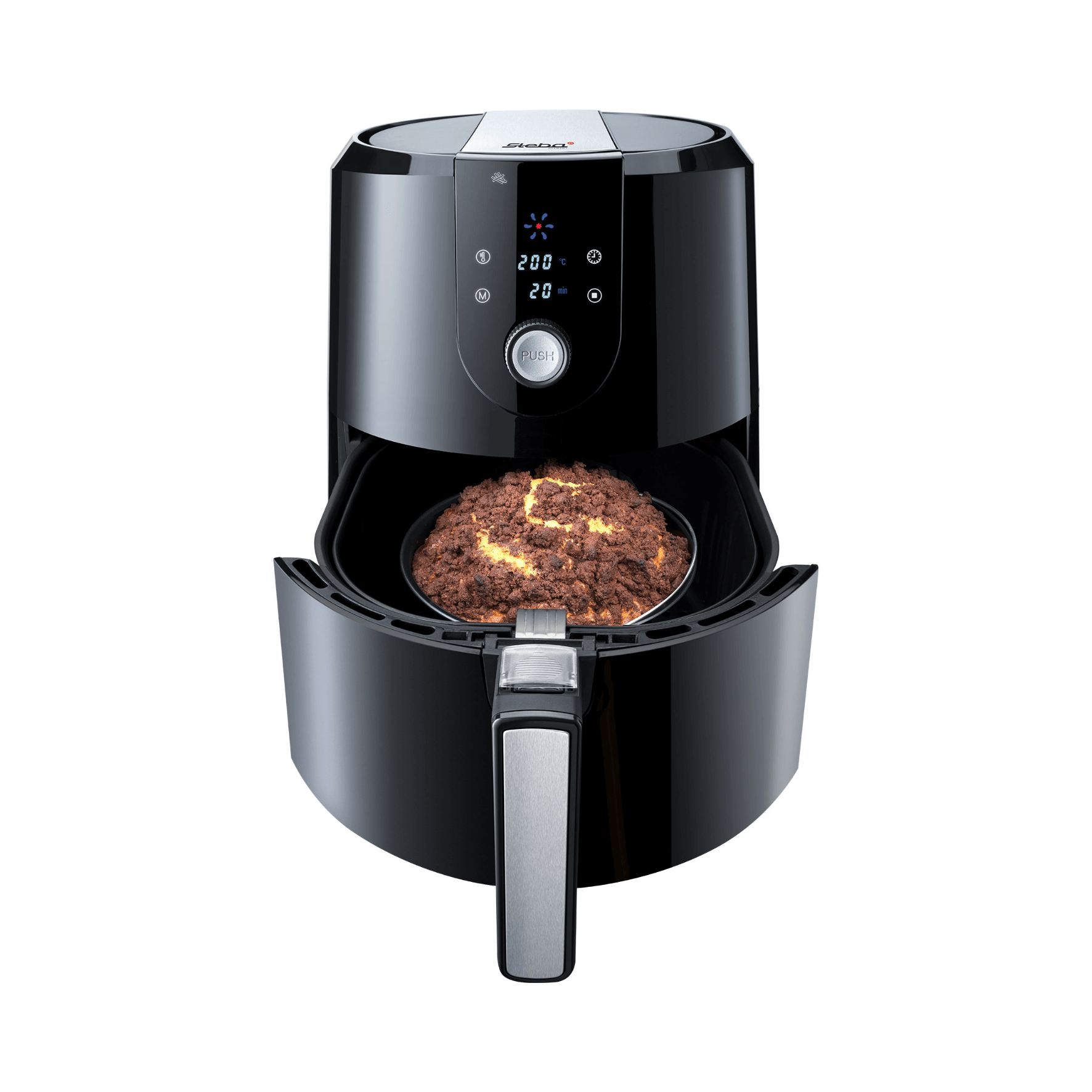 Heißluftfritteuse Steba HF5000 mit digitalem Display, Temperaturregler und Backform. Farbe: Schwarz.