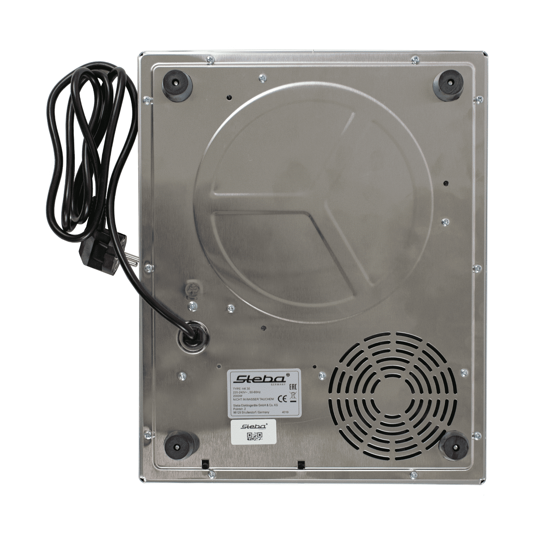 Unterseite des Steba HK30 Kochfelds aus Edelstahl mit Stromkabel, Belüftung und Typenschild.